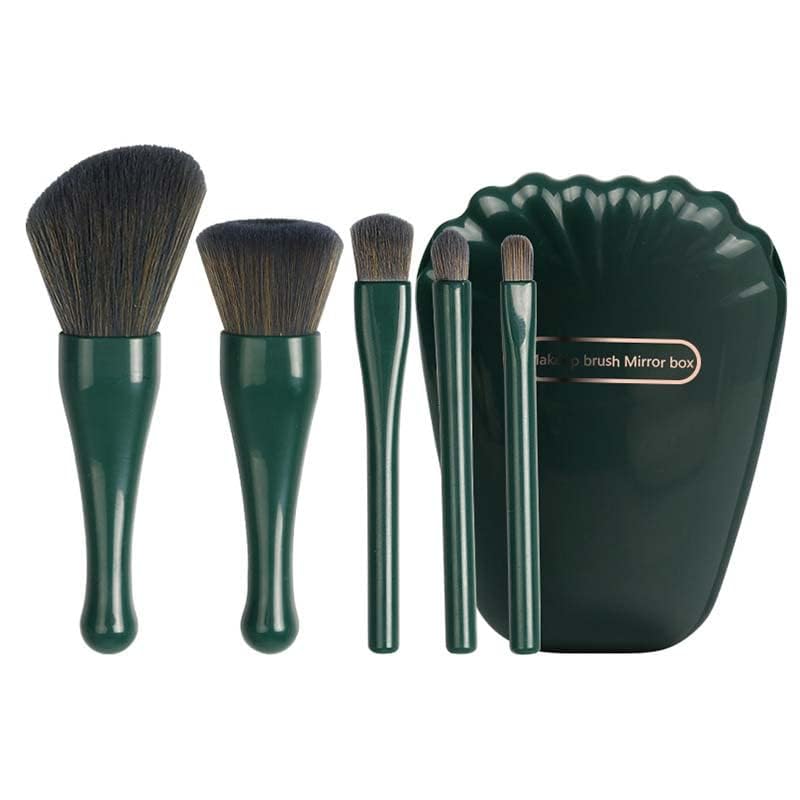 **Kamini Enterprise 5-Piece Mini Makeup Brush Set - Travel-Friendly Foundation & Eyeshadow Brushes with Mirror (Dark Green) - Perfect for On-the-Go Touch-Ups & Professional Makeup Application**