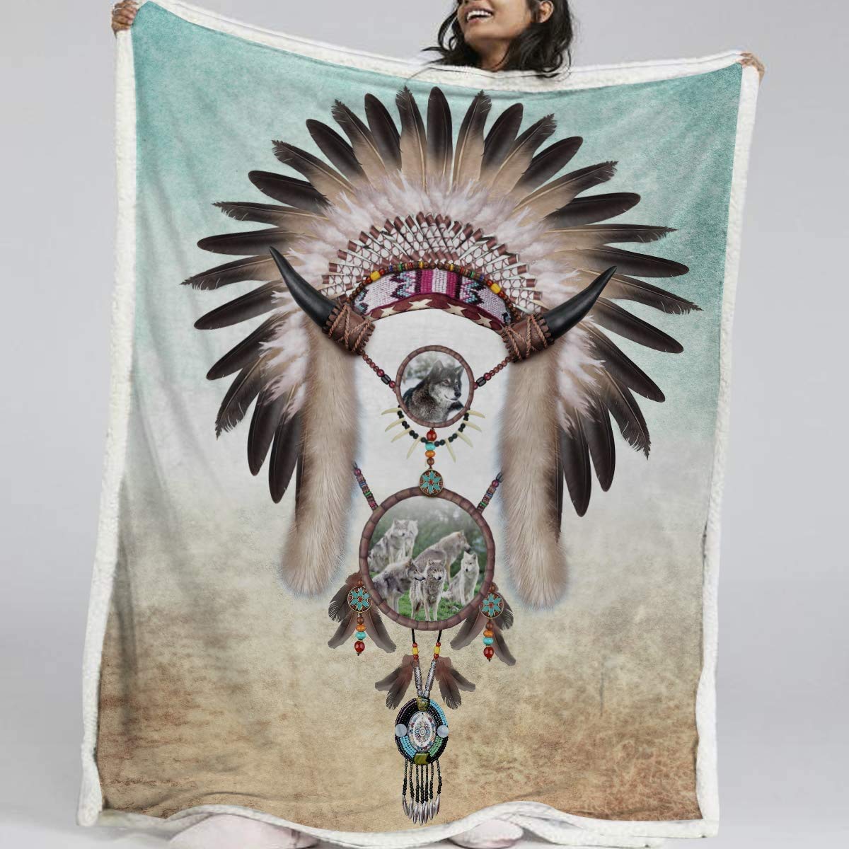 BlessLiving Wolf Dream Catcher Blanket - 50x60 Inch Soft Sherpa Fleece Throw with Tribal Feather & Bead Design - Cozy Western Decor for Bed, Couch, Sofa - Perfect for Camping, Gift Giving & Home Decor