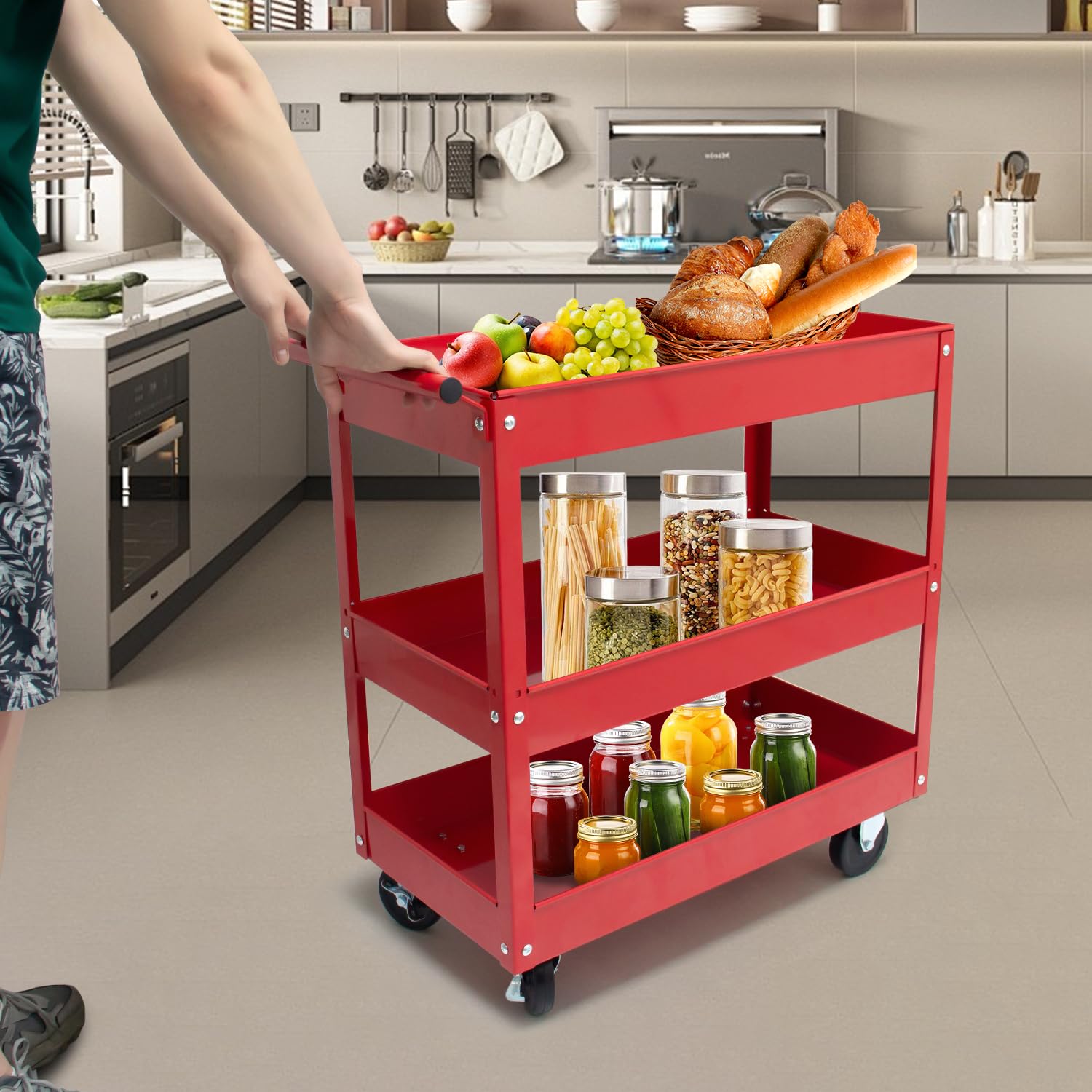 3-Tier Stainless Steel Utility Cart with Wheels - 400 lbs Capacity Metal Service Cart for Garage, Warehouse & Workshop | Heavy-Duty Rolling Cart for Storage, Organization & Mobility