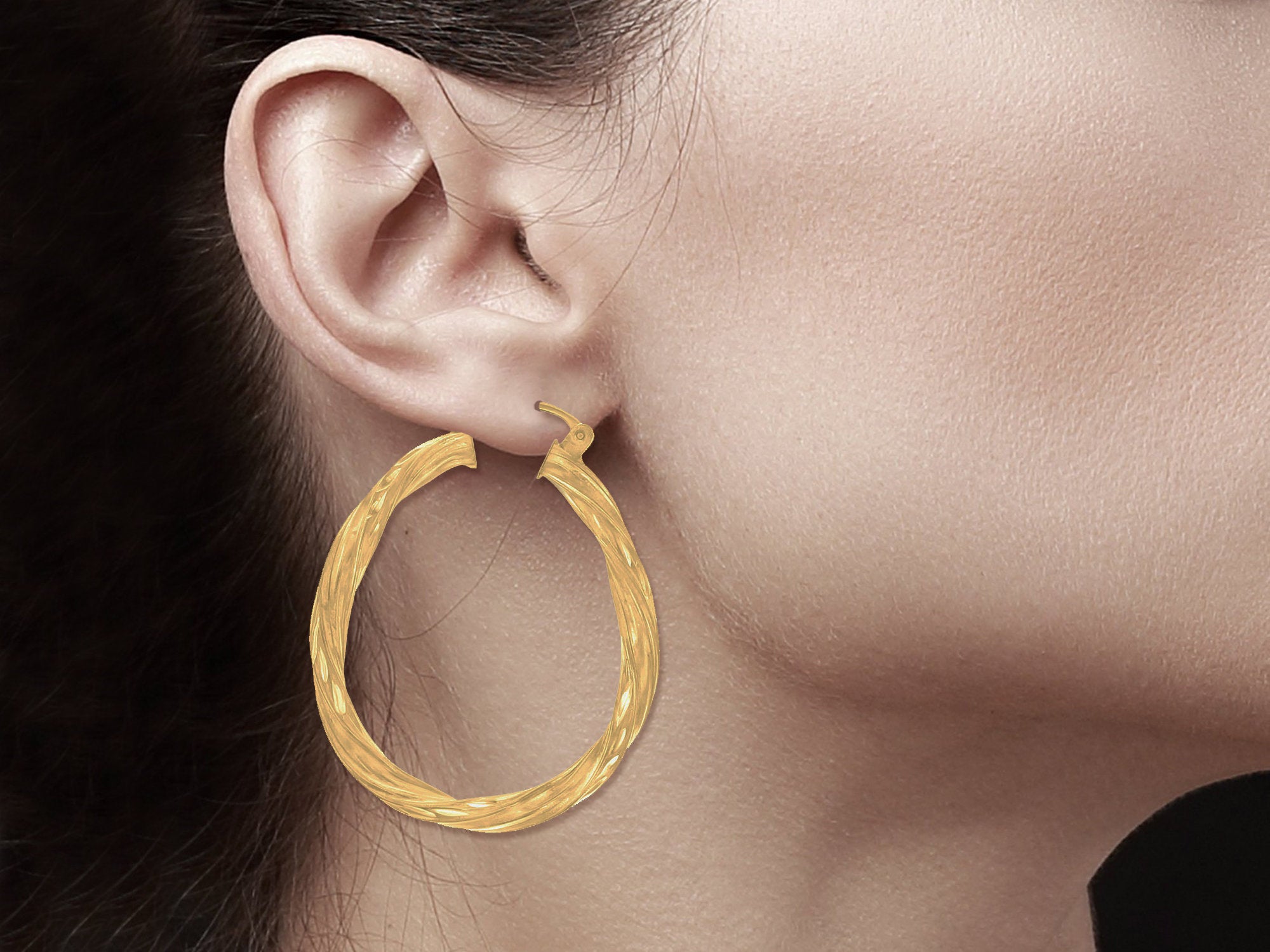 14K Yellow Gold Twisted Diamond Cut Hoop Earrings for Women - Elegant & Durable Jewelry for Parties, Weddings & Everyday Wear