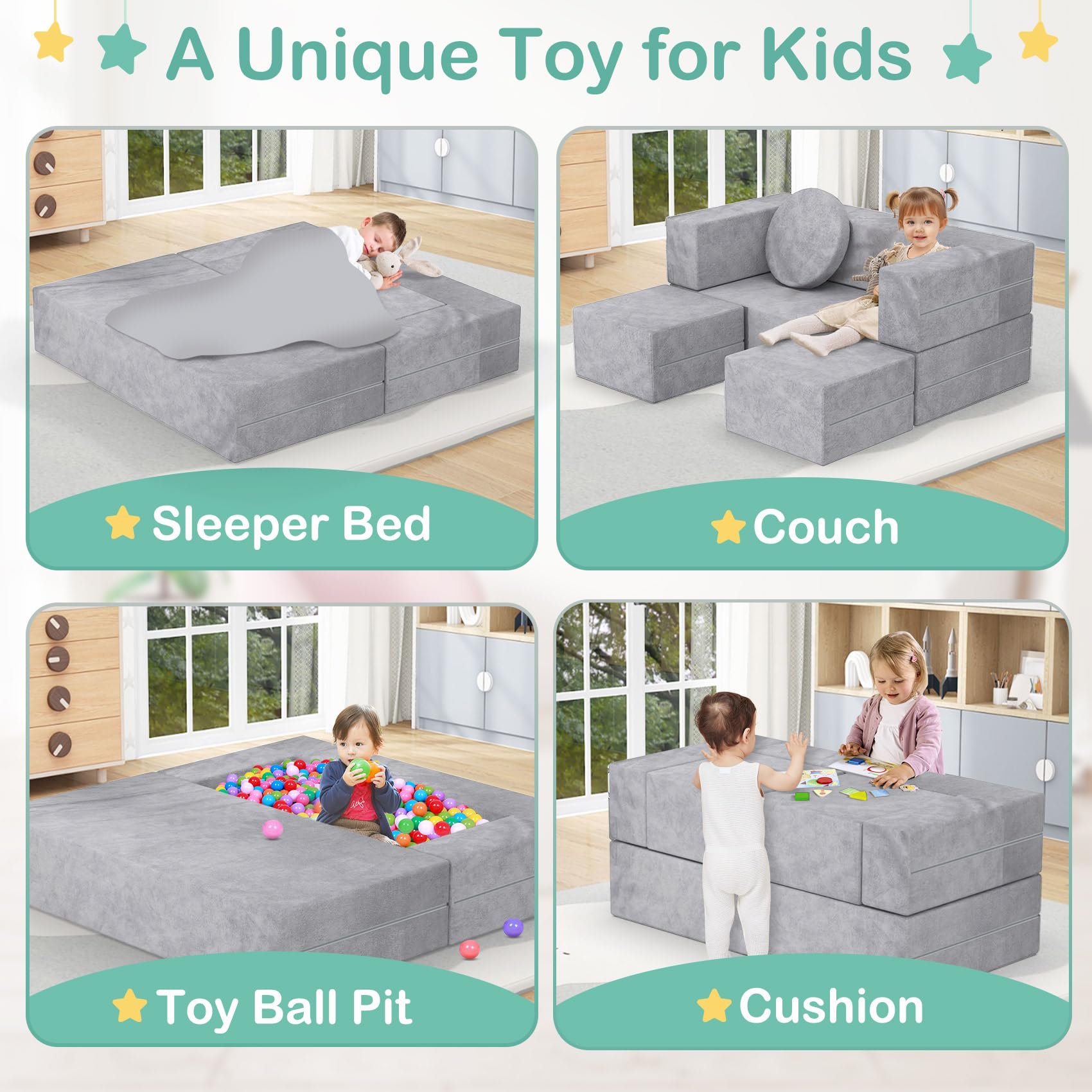 BIERUM Kids Play Couch - 6PCS Modular Sofa Set with Soft Blanket, Convertible Toddler Couch for Boys & Girls - Perfect for Playroom, Nursery, Daycare & Indoor Playtime - Durable Kids Furniture for Reading, Napping & Creative Play