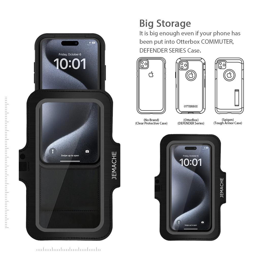 JEMACHE Premium Running Armband for iPhone 16/15/14/13/12/11 Pro Max & Samsung Galaxy S25/S24/S23/S22 Ultra/Plus - Sweatproof Phone Holder with Earphone Loop & Adjustable Strap (Black, Large) - Perfect for Jogging, Gym Workouts & Outdoor Activities