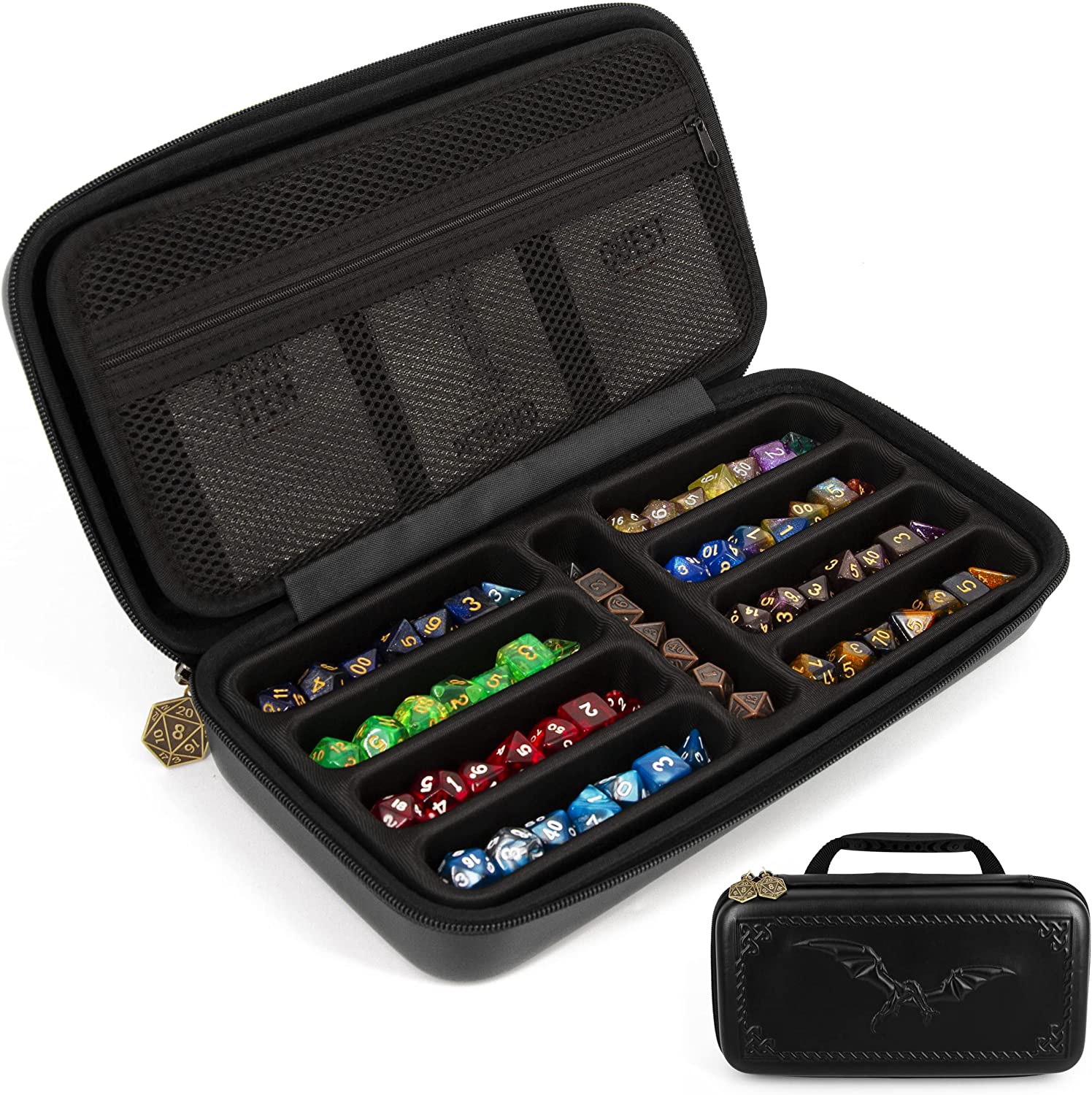 CASEMATIX Dragon Embossed Dice Box & Card Holder - Storage for 9 Sets RPG Dice, Spell Cards, Counters & Accessories - Perfect for D&D, MTG & Tabletop Gaming Adventures