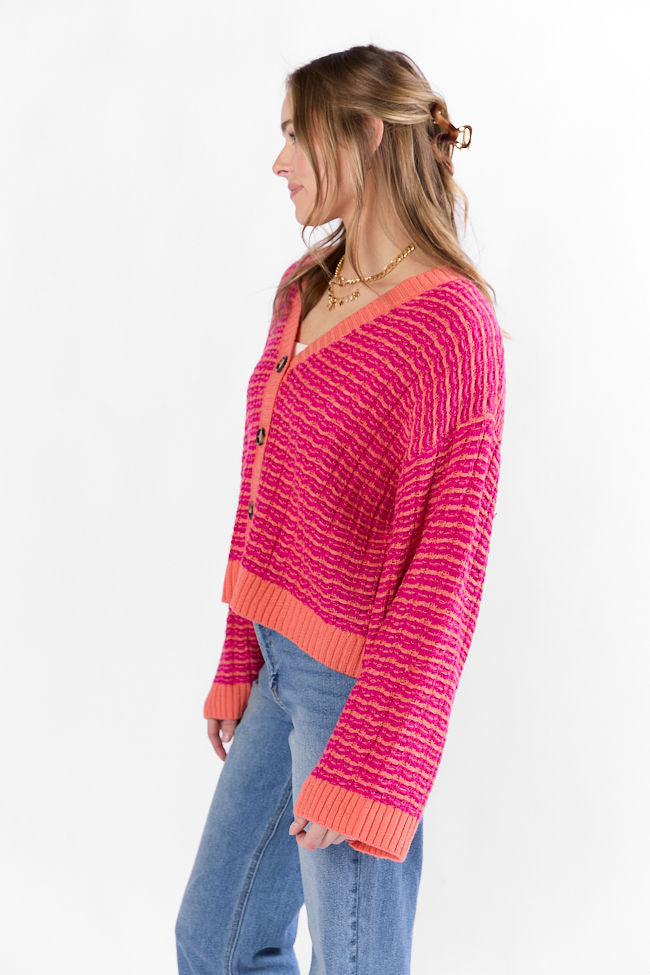 Trendy Pink and Orange Woven Textured Knit Cardigan for Women - Soft Long Sleeve Open Front Sweater - Perfect for Fall Layering, Office Wear & Casual Outfits