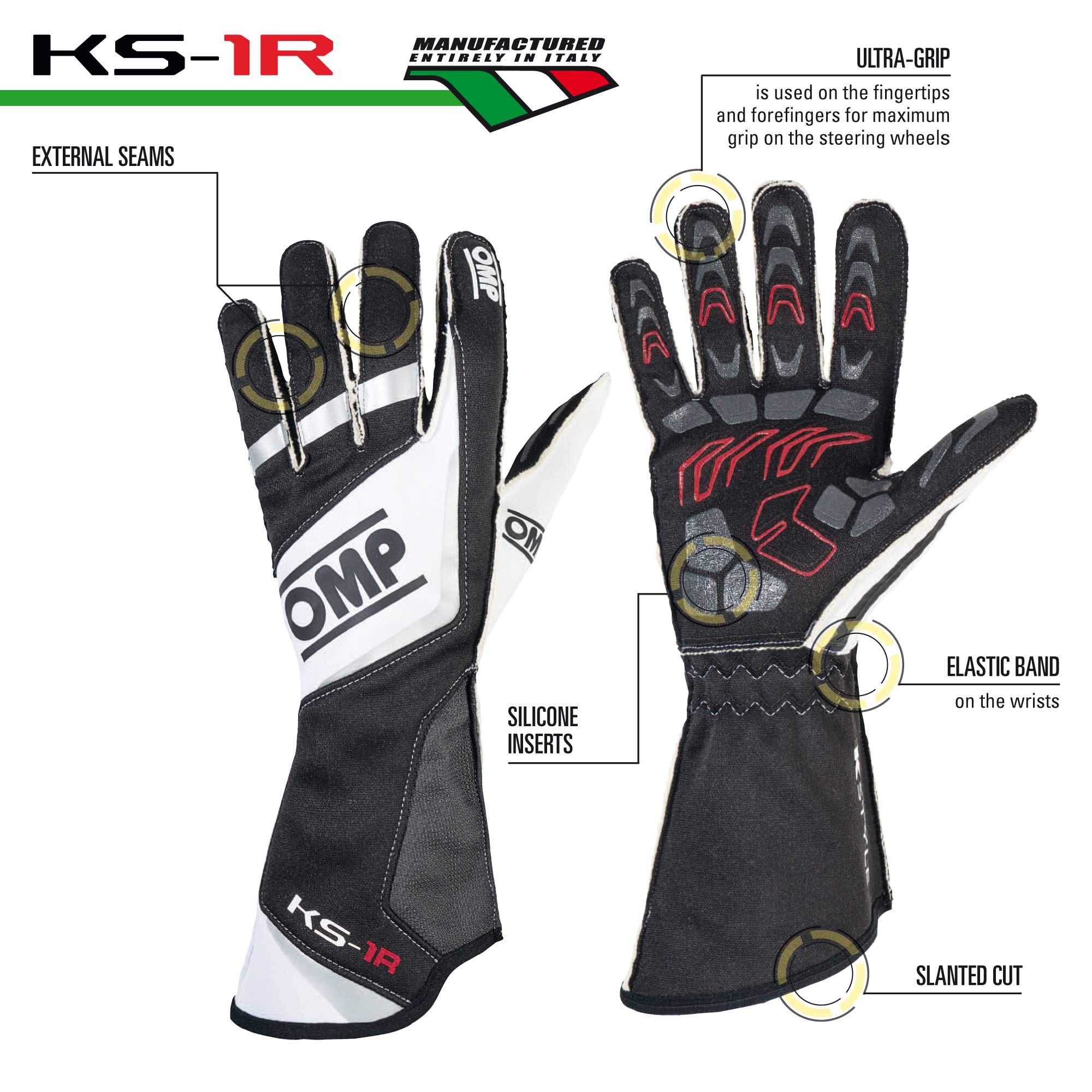 OMP KS-1R Motorcycle Racing Gloves - Black/White/Silver - Size XL (KB0-2740-A01-071-XL) - Premium Protection for Track & Street Riding
