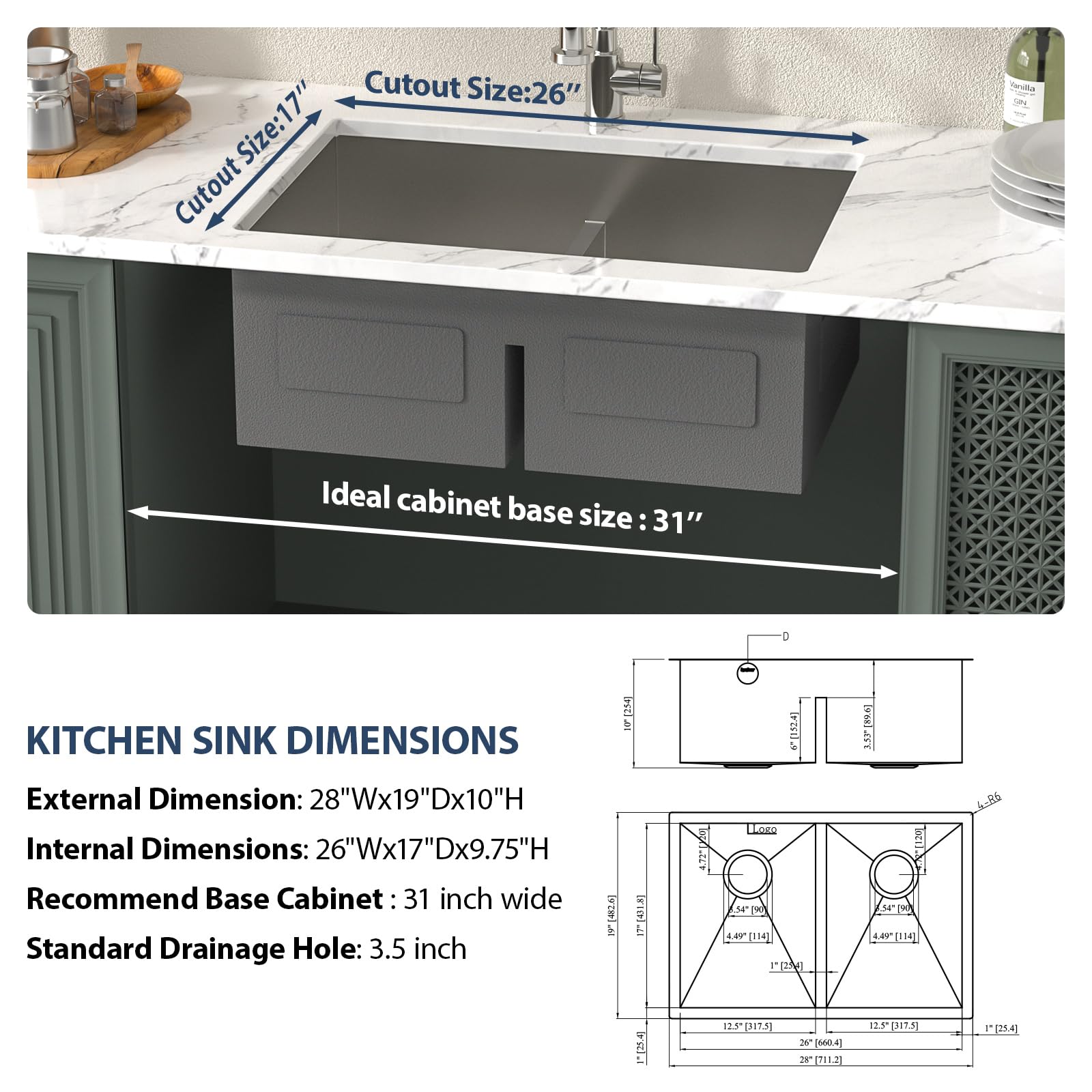 Lordear 28-Inch Undermount Double Bowl Kitchen Sink - 16 Gauge Stainless Steel, Low Divide 50/50 Design, Handcrafted for Modern Kitchens | Perfect for Meal Prep, Dishwashing & Entertaining