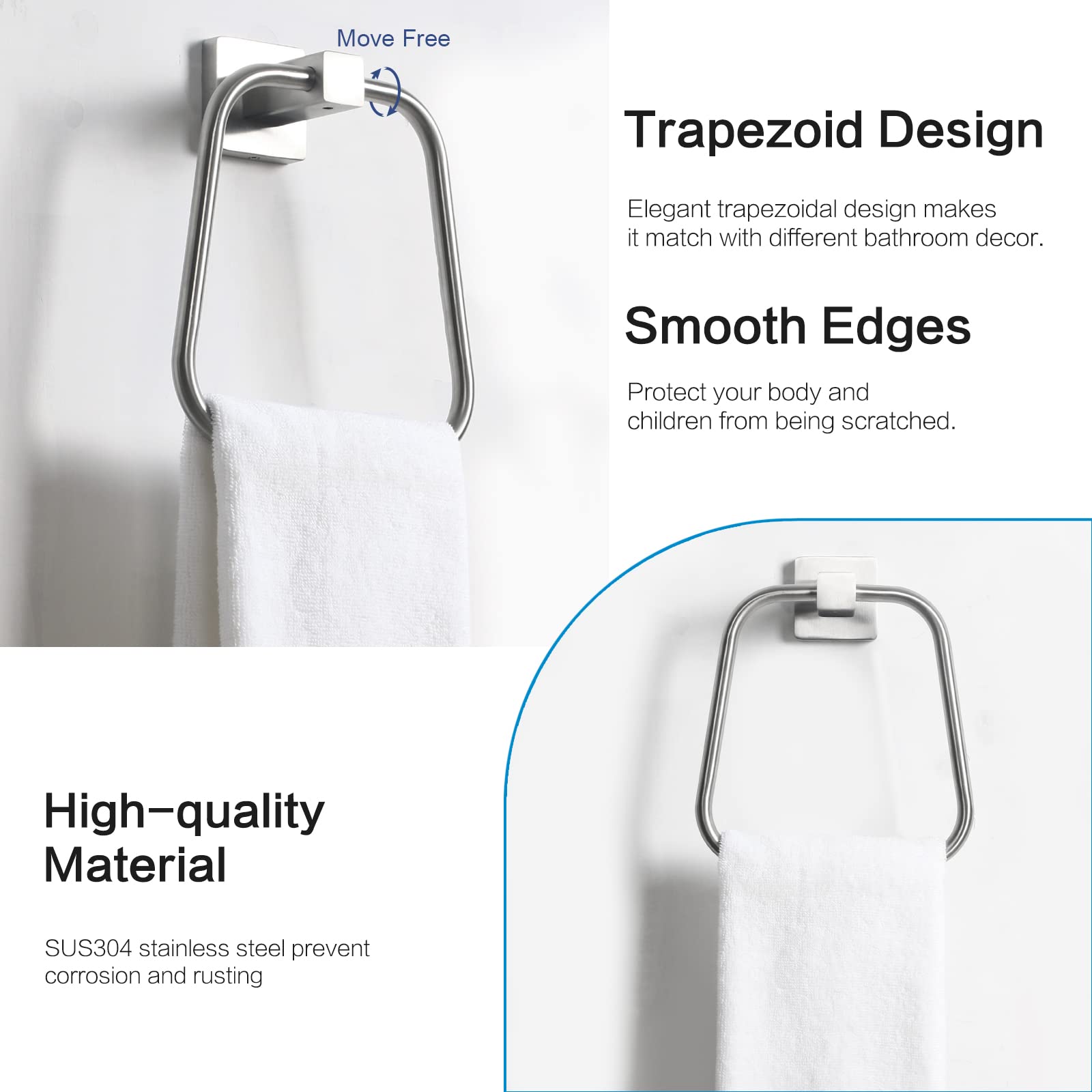 HouseAid Stainless Steel Trapezoid Towel Holder - Brushed Nickel Wall Mounted Bathroom Towel Ring & Hand Towel Rack - Perfect for Modern Bathrooms, Kitchens & Spa Areas