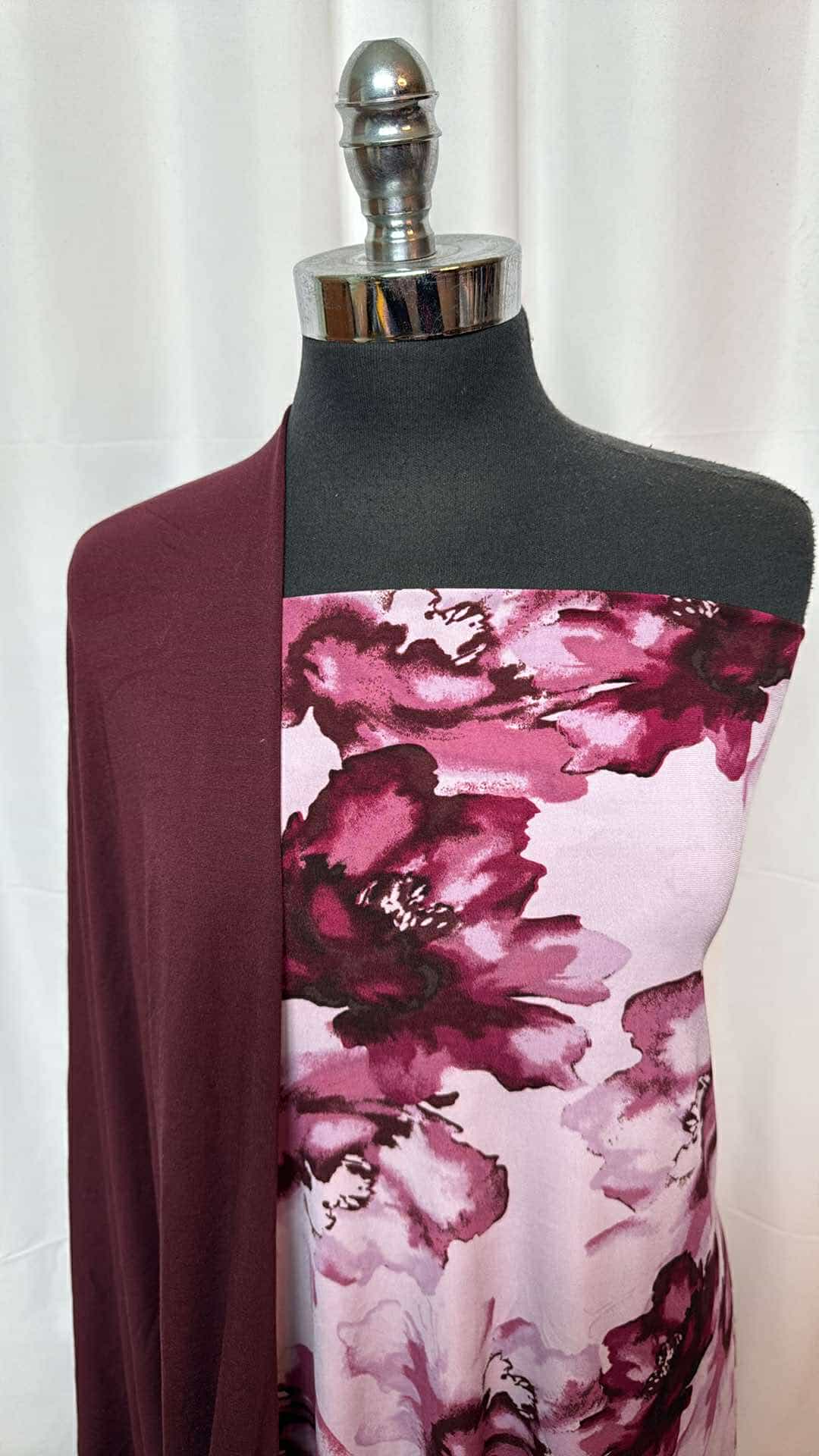 Burgundy Floral Fabric Bundle - 1+ Yard ITY Knit & 3 Yards Modal Cotton Spandex (A26972) for Dresses, Skirts & DIY Fashion Projects
