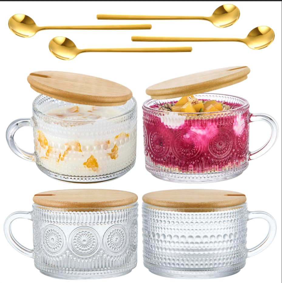 4-Piece Vintage Coffee Mug Set with Bamboo Lids & Spoons - 14oz Clear Embossed Glass Cups for Coffee, Tea, Juice, Beer | Perfect for Overnight Oats, Home Bar Accessories & Entertaining