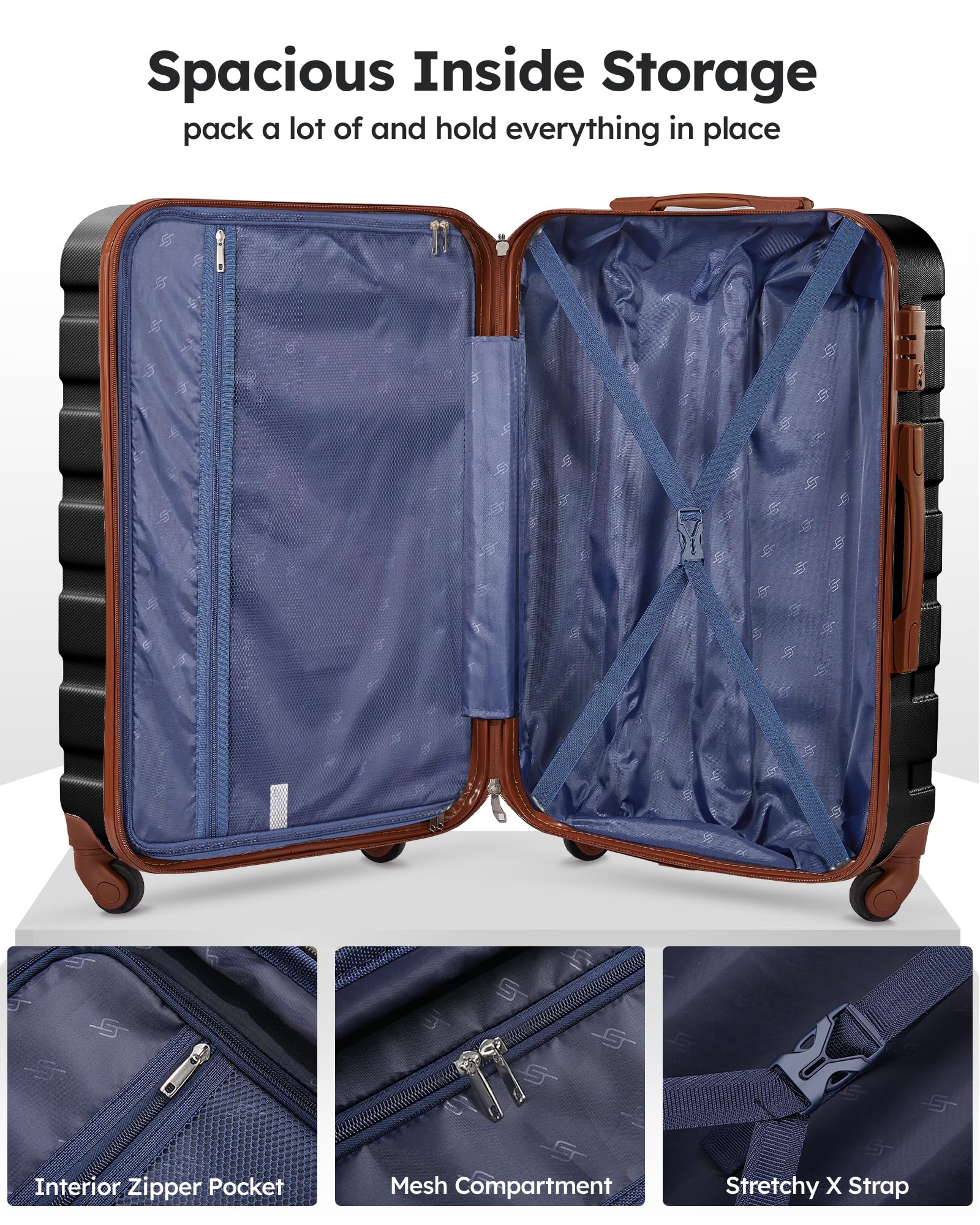 Suitour 3-Piece Hard Shell Luggage Set with 360° Spinner Wheels & TSA Lock - 20/24/28 Inch Carry On Checked Suitcases (Black/Brown) for Business Travel, Family Vacations & International Trips