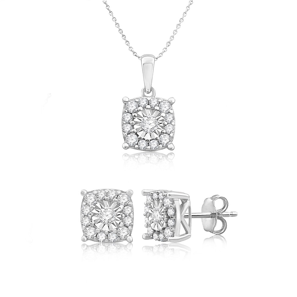 1 Carat Diamond Stud Earrings & Pendant Necklace Set in Sterling Silver with 45cm Chain - Perfect for Weddings, Anniversaries & Special Occasions