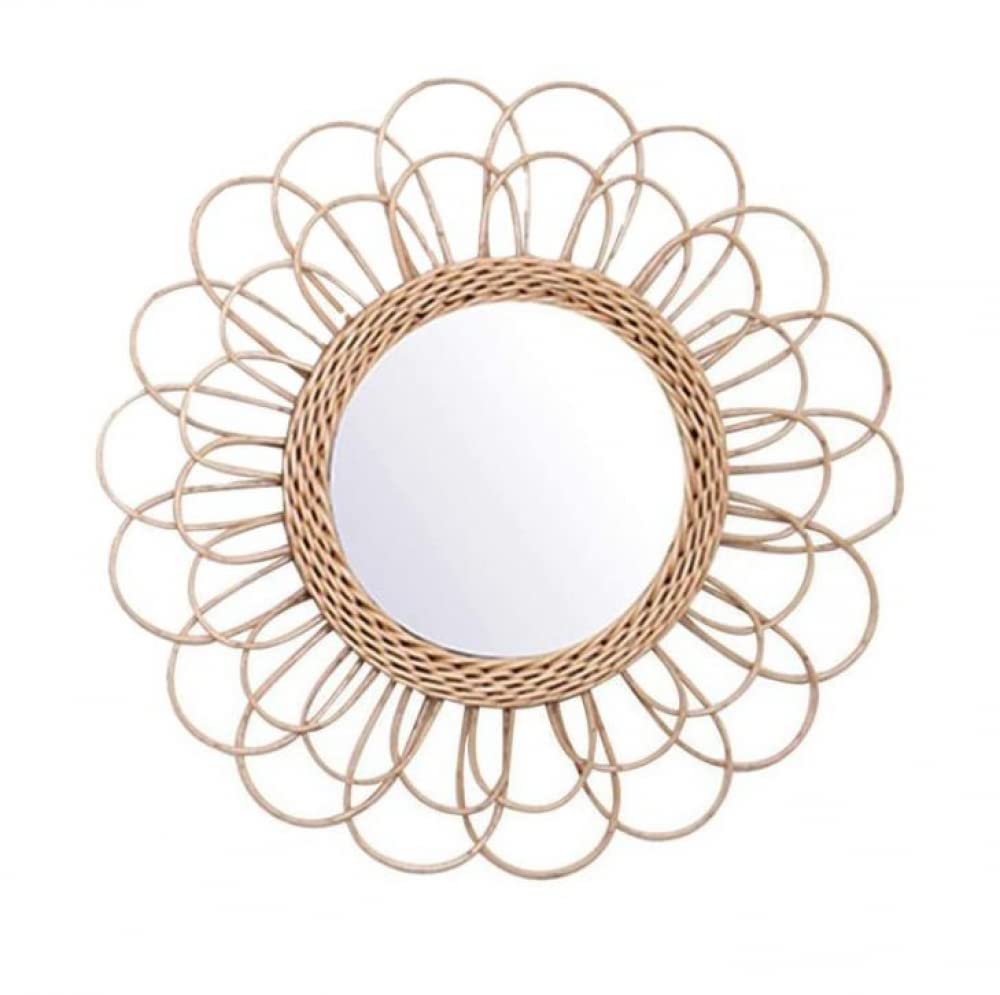 Round Rattan Sunflower Wall Mirror - 40cm Hanging Wicker Decor for Living Room, Bathroom & Bedroom | Boho Dressing & Makeup Mirror for Home Decor