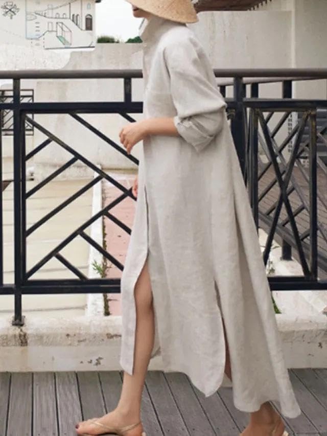 Women's Cotton Linen Long Sleeve Shirt Dress - Spring Summer Casual Midi Dress with Western Buttons | Elegant Office Wear, Weekend Brunch & Date Night Outfits