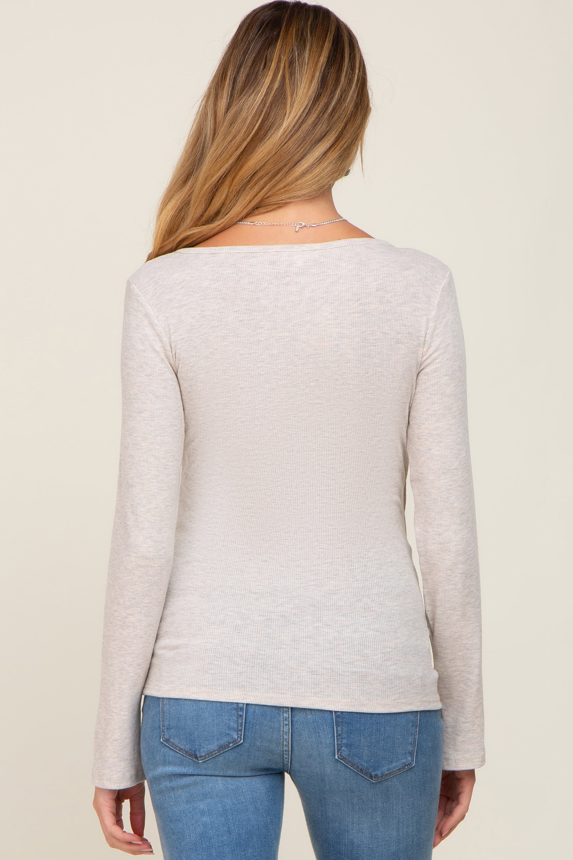 Beige Ribbed Long Sleeve Wrap Maternity Nursing Top - Comfortable & Stylish Pregnancy Shirt for Breastfeeding Moms - Perfect for Work, Casual Outings & Nursing at Home