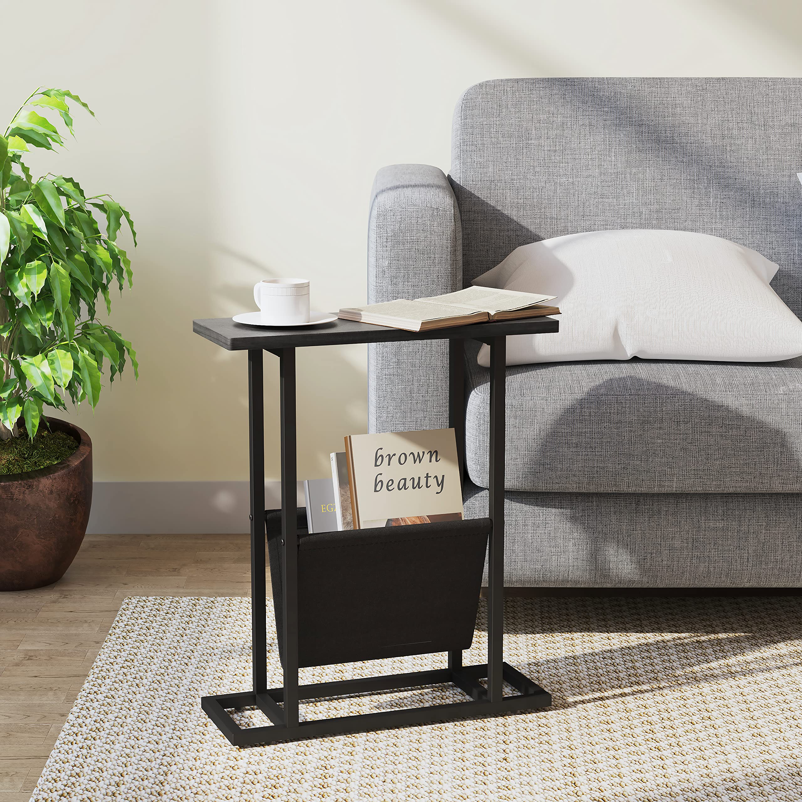 Yusong 2-Pack Slim Narrow Side Table Set for Small Spaces - Compact End Table, Nightstand with Storage Shelf - Accent Skinny Snack Table for Couch, Bedside - Grey - Perfect for Apartments, Dorms & Cozy Living Rooms