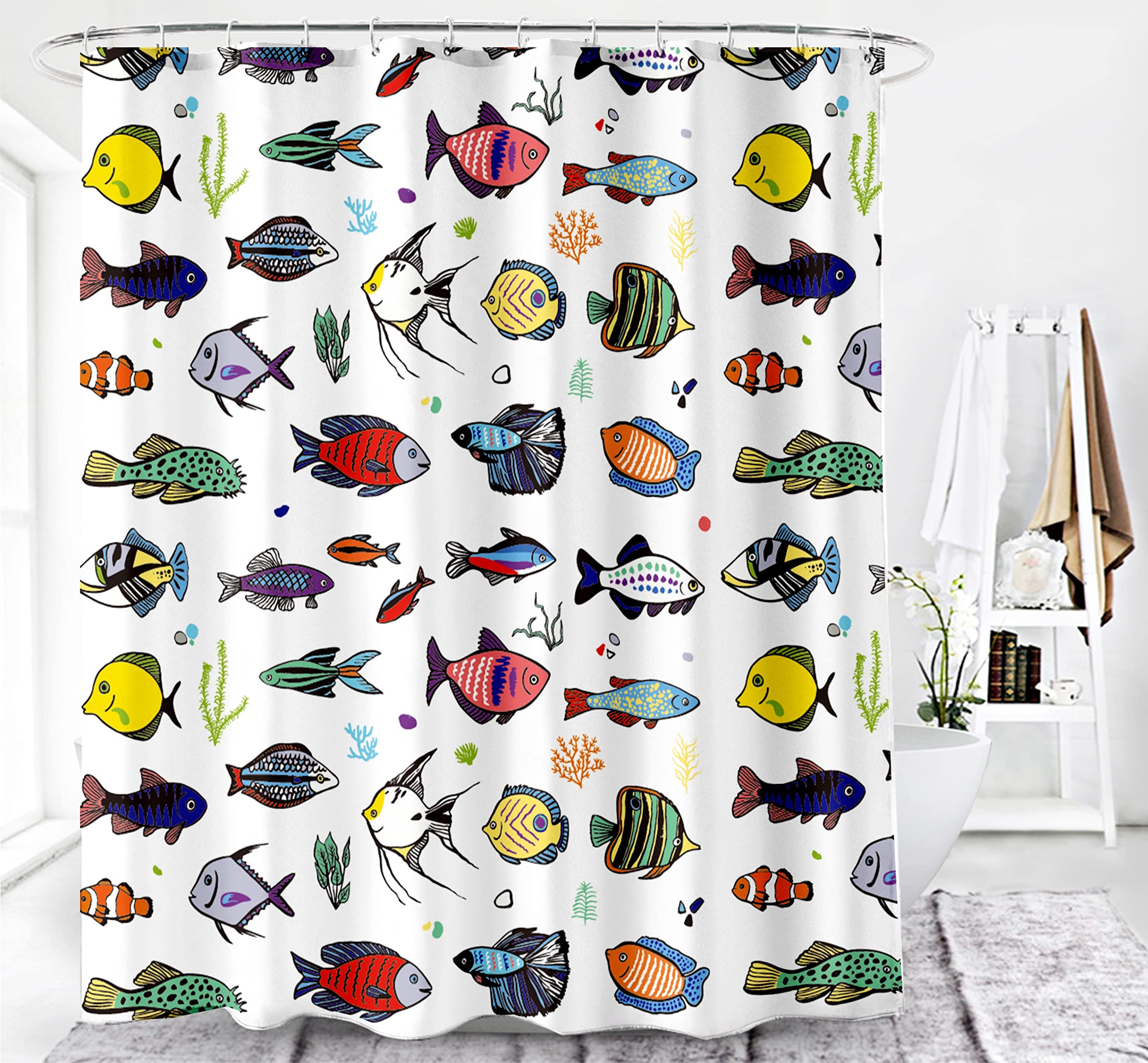 Abstract Fish Artistic Print Shower Curtain - 72x72 Inches White Polyester Fabric Bathroom Decor with Clear View | Perfect for Coastal, Nautical & Ocean-Themed Bathrooms