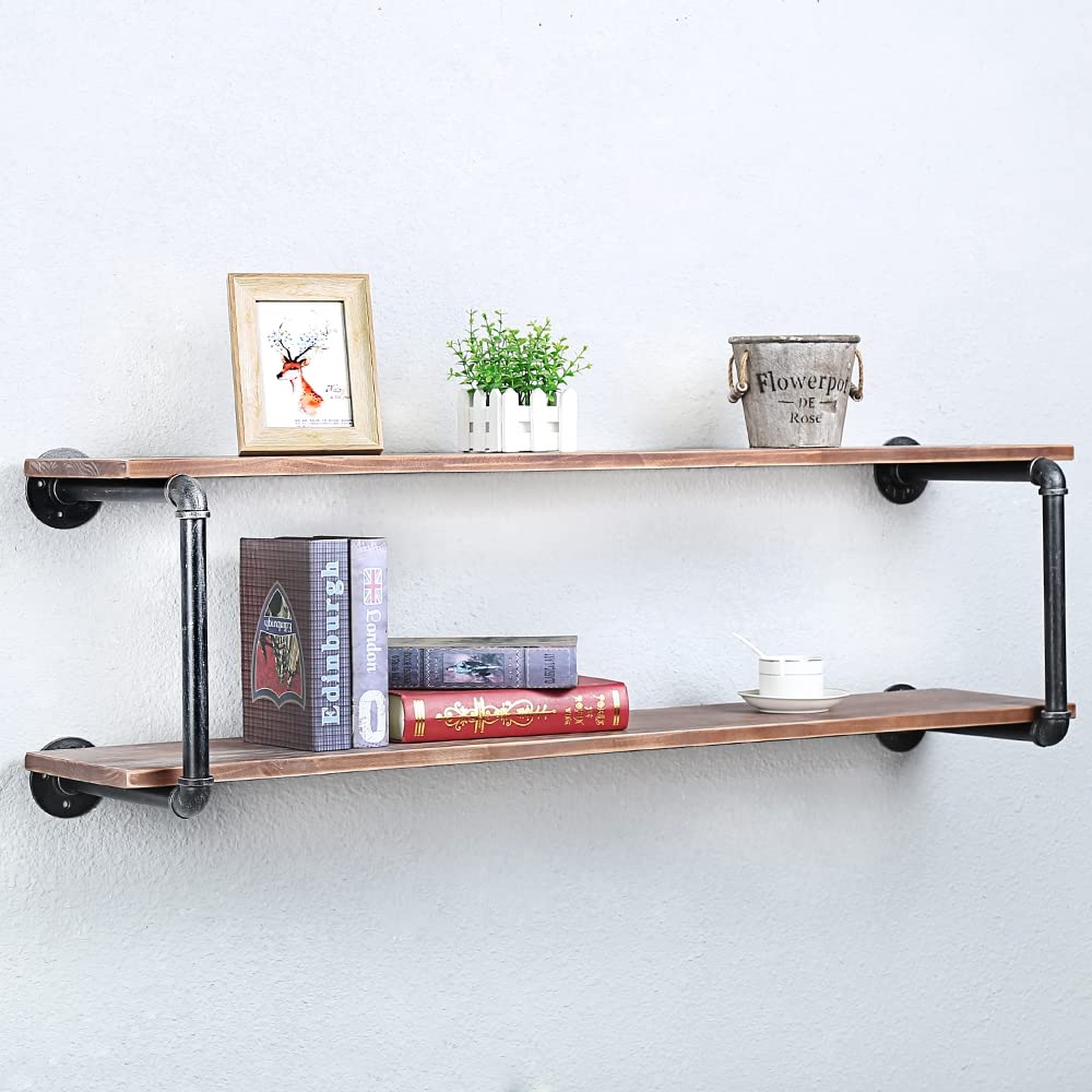 Industrial Pipe Floating Shelves for Wall - 48in 2-Tier Metal & Wood Wall Mounted Shelving - Perfect for Living Room, Bedroom, and Office Storage & Display