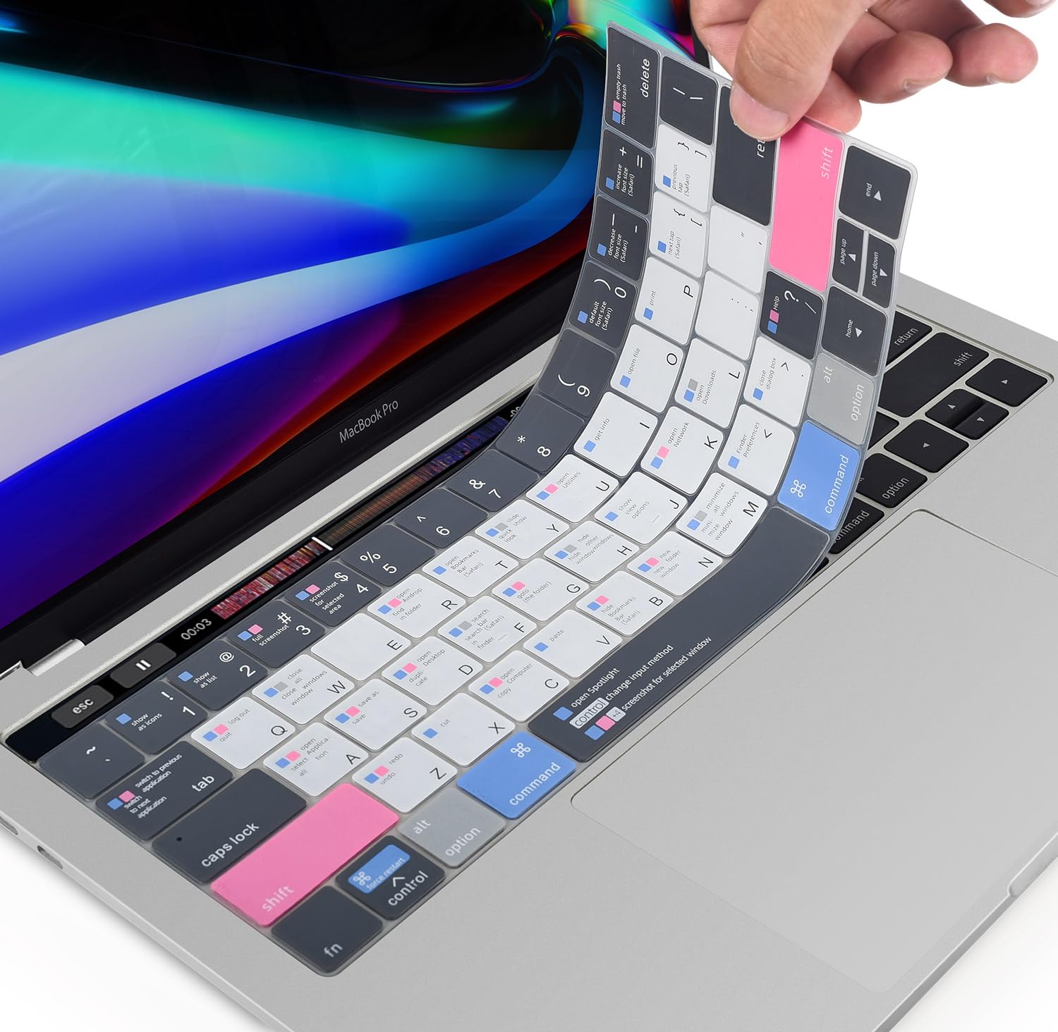 MacBook Pro 13 & 15 Inch Keyboard Cover with Touch Bar Shortcuts - Compatible with 2016-2019 Models A2159 A1989 A1706 A1990 A1707 - Hot Keys Protector for MAC OS - Perfect for Office Work, Coding & Travel Protection