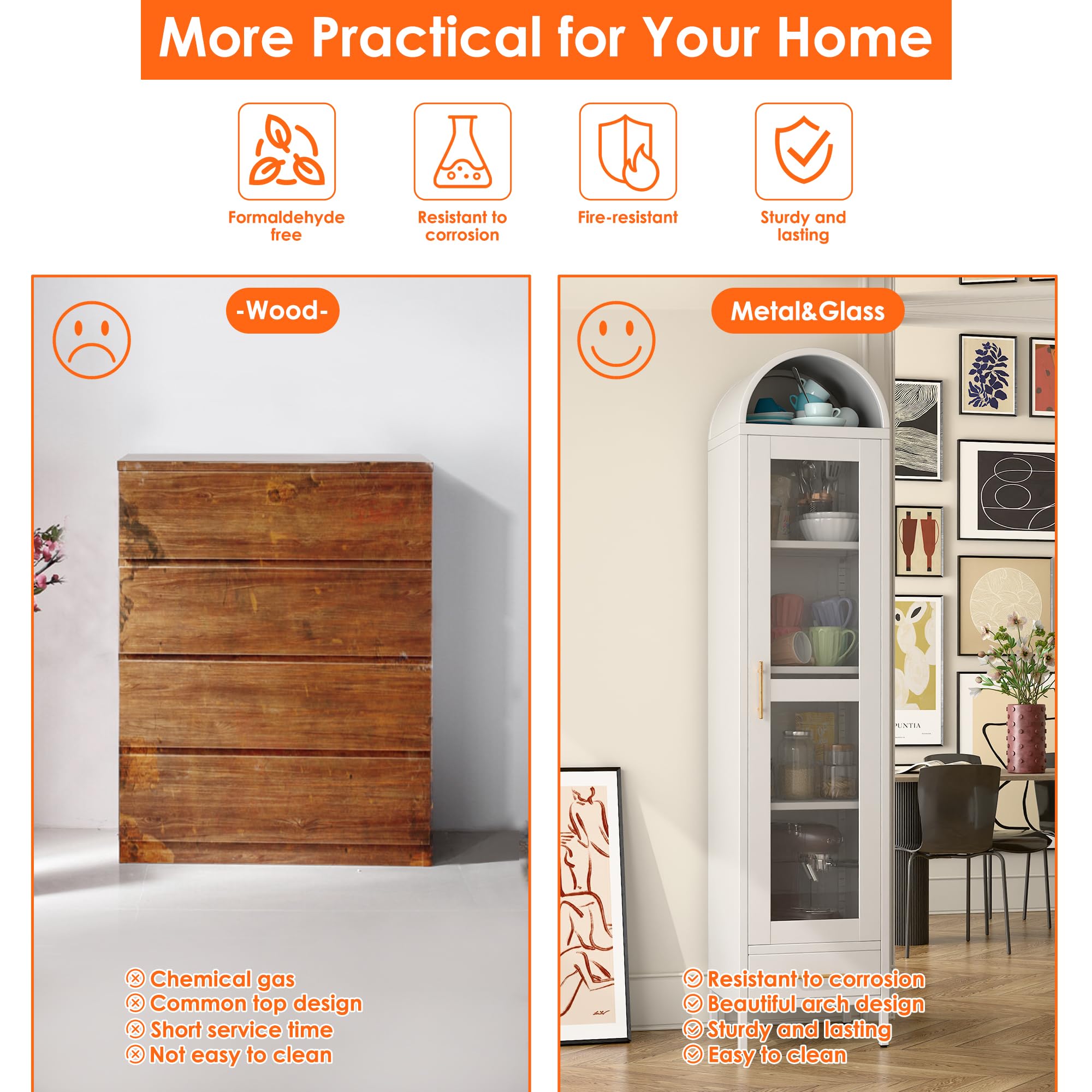 METAN White Metal Arched Storage Cabinet with Glass Door, Drawer & 3 Adjustable Shelves - Modern Bookshelf for Living Room, Kitchen, Pantry | Perfect for Home Organization & Displaying Decor Items