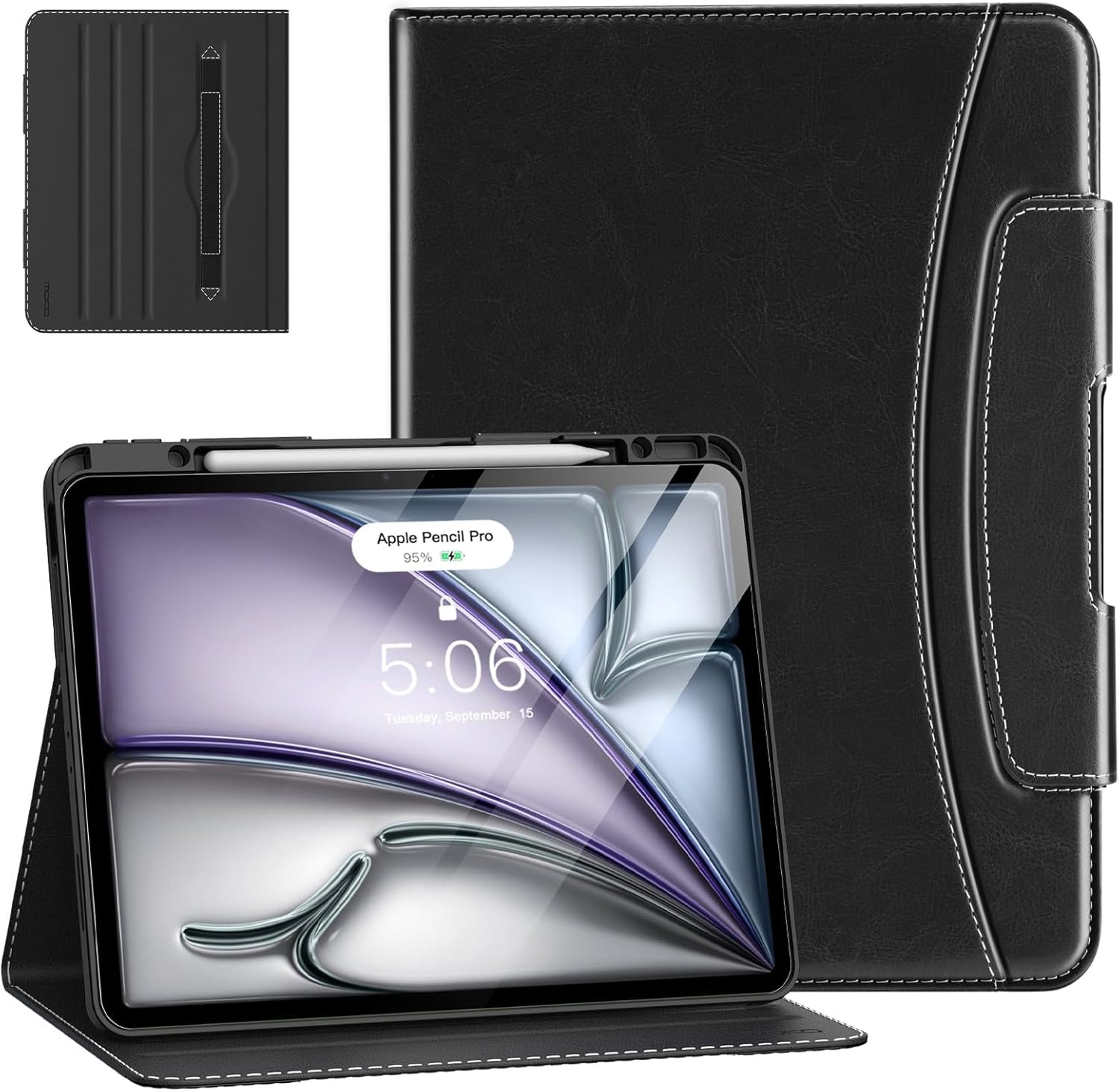 MoKo Premium Leather Folio Stand Cover Case for iPad Air 13 Inch (M3 2025 / M2 2024) & iPad Pro 12.9 Inch (2021/2022) with Apple Pencil Holder - Black | Perfect for Work, Travel & Home Office Use