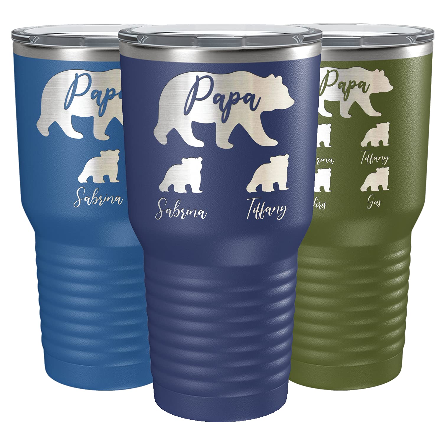 Personalized 30oz Stainless Steel Tumbler with Lid - Custom Engraved Papa Bear & Cubs Design in Navy Blue, Insulated Cup for Hot & Cold Drinks - Perfect Father's Day Gift for Dad, Office Use, Camping & Travel