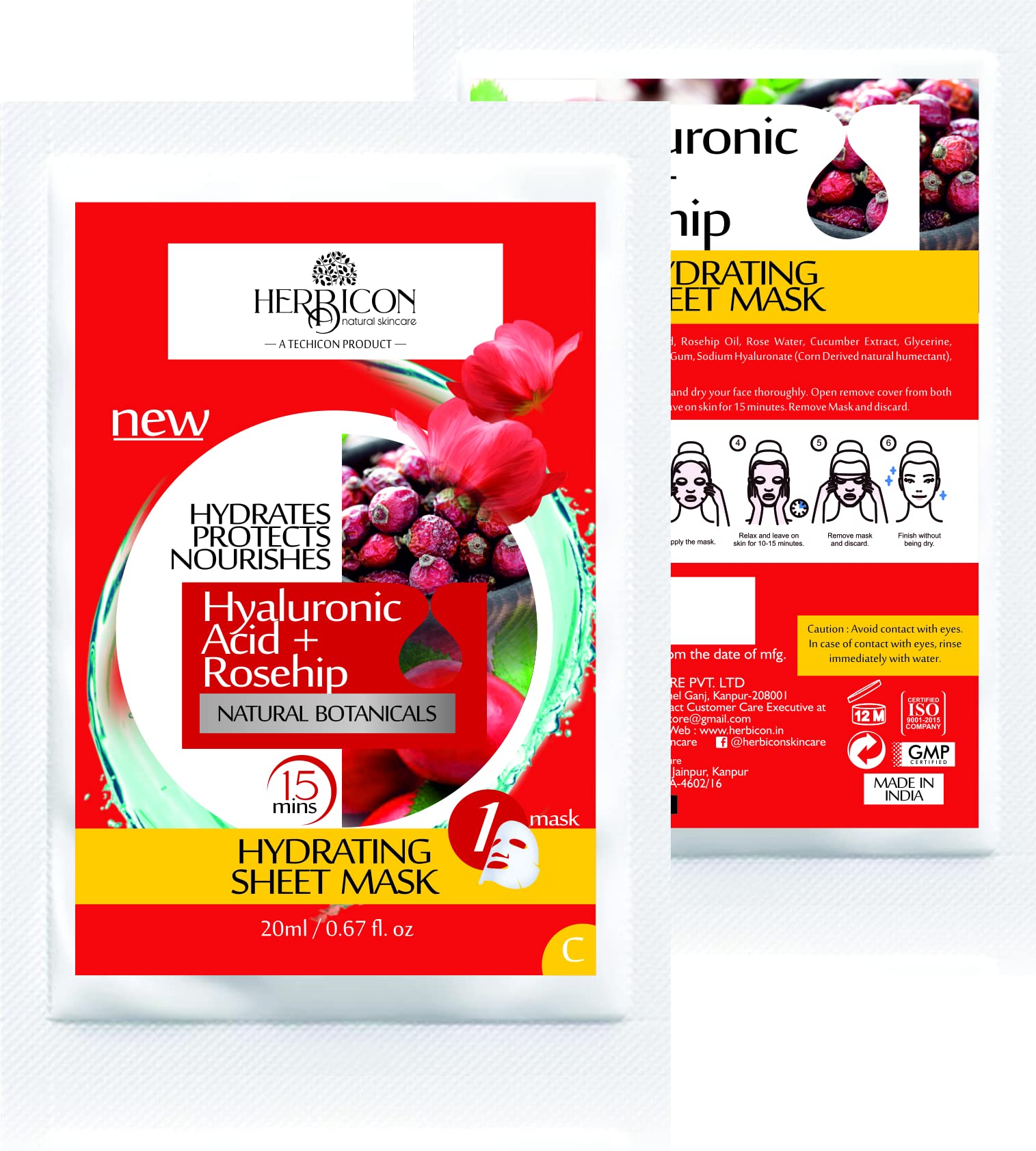 Hydrating Hyaluronic Acid Face Mask with Rosehip Oil - Deep Moisture for Soft, Plump Skin - 20g (Pack of 4) - Perfect for Dry Skin Care & Spa Night Routine