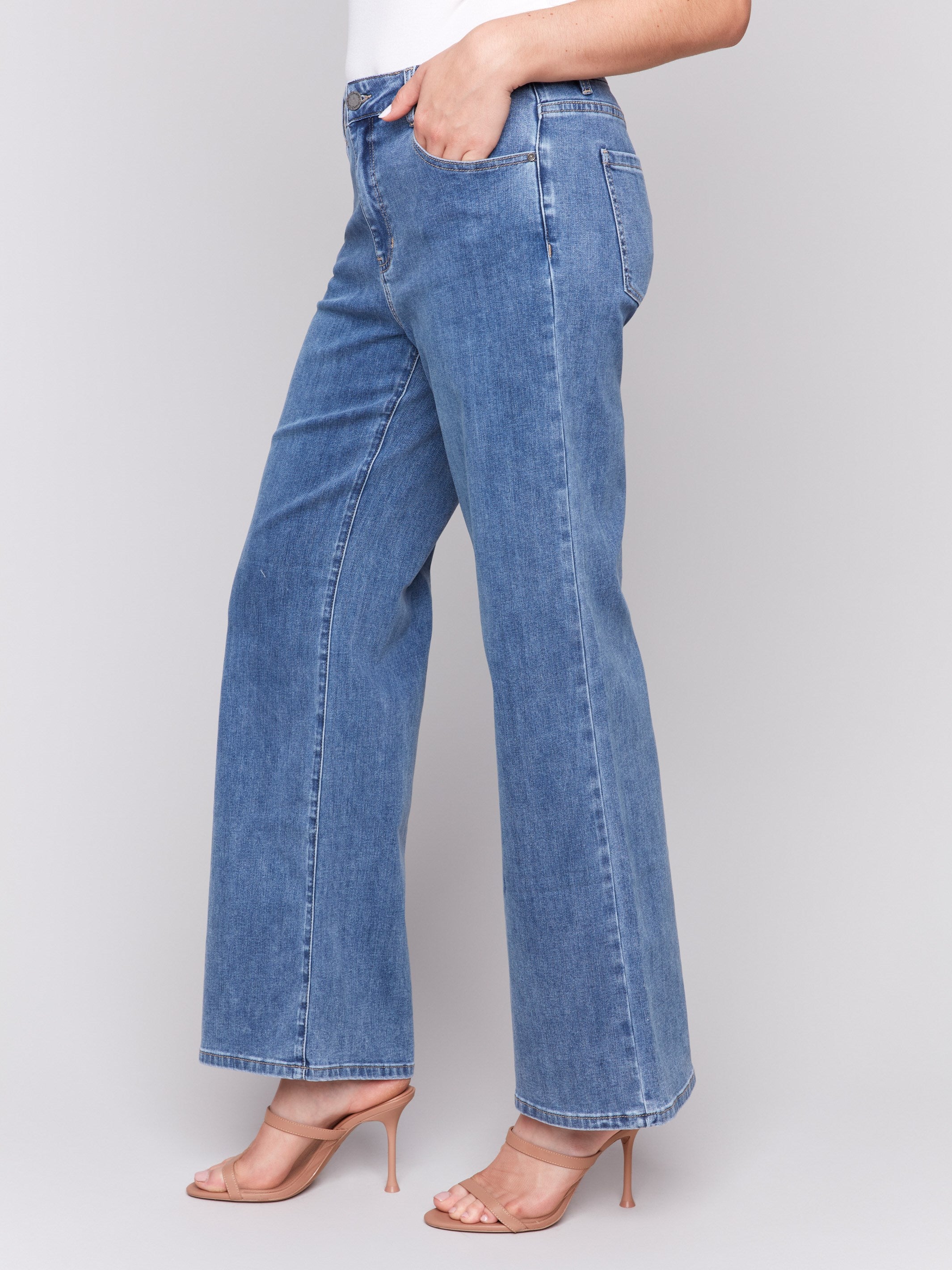 Chloe Wide Leg Jeans for Women - Medium Blue Denim High Waist Pants - Casual & Comfortable Stretch Jeans for Everyday Wear, Office, and Weekend Outings