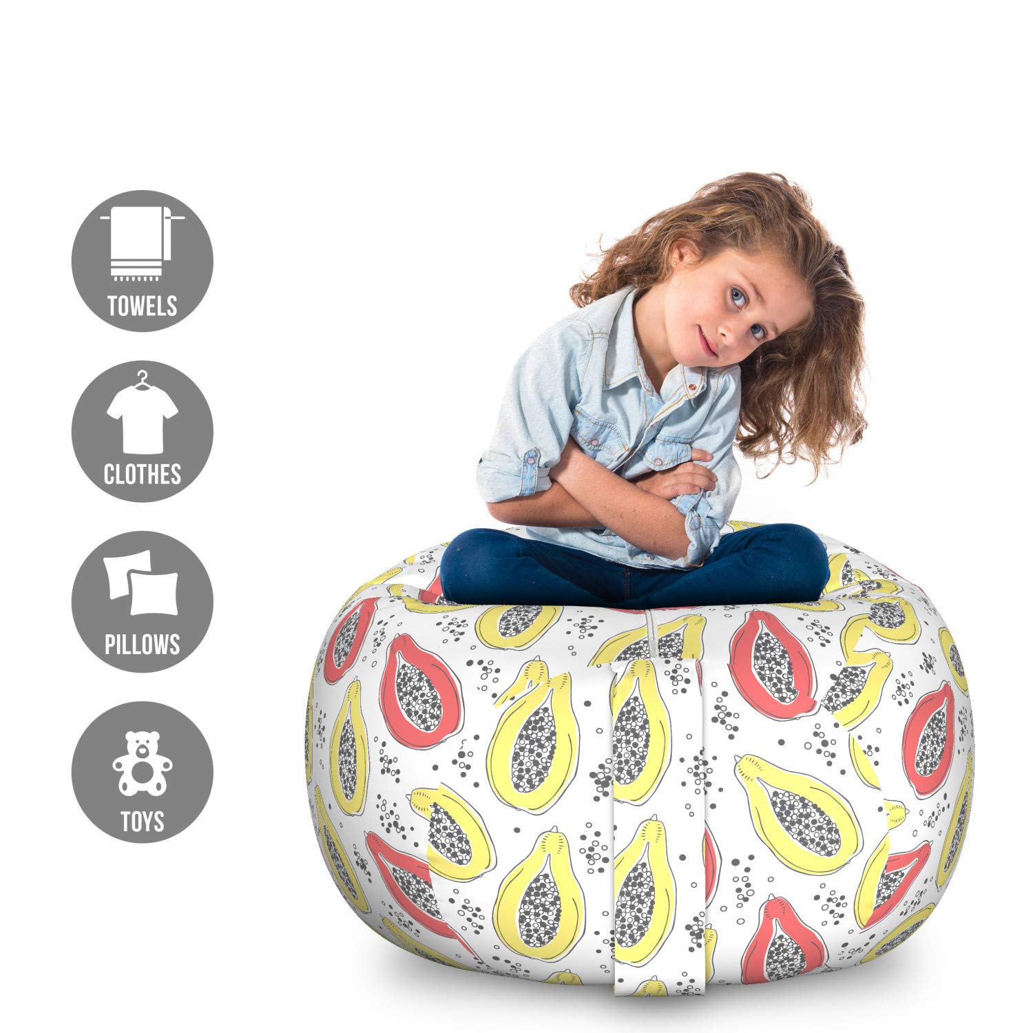 Ambesonne Tropical Toy Storage Bag Chair - Exotic Papaya Fruit Pattern Bicolor Design, Large Washable Stuffed Animal Organizer (Pink & Yellow) - Perfect for Kids' Room, Playroom & Toy Organization