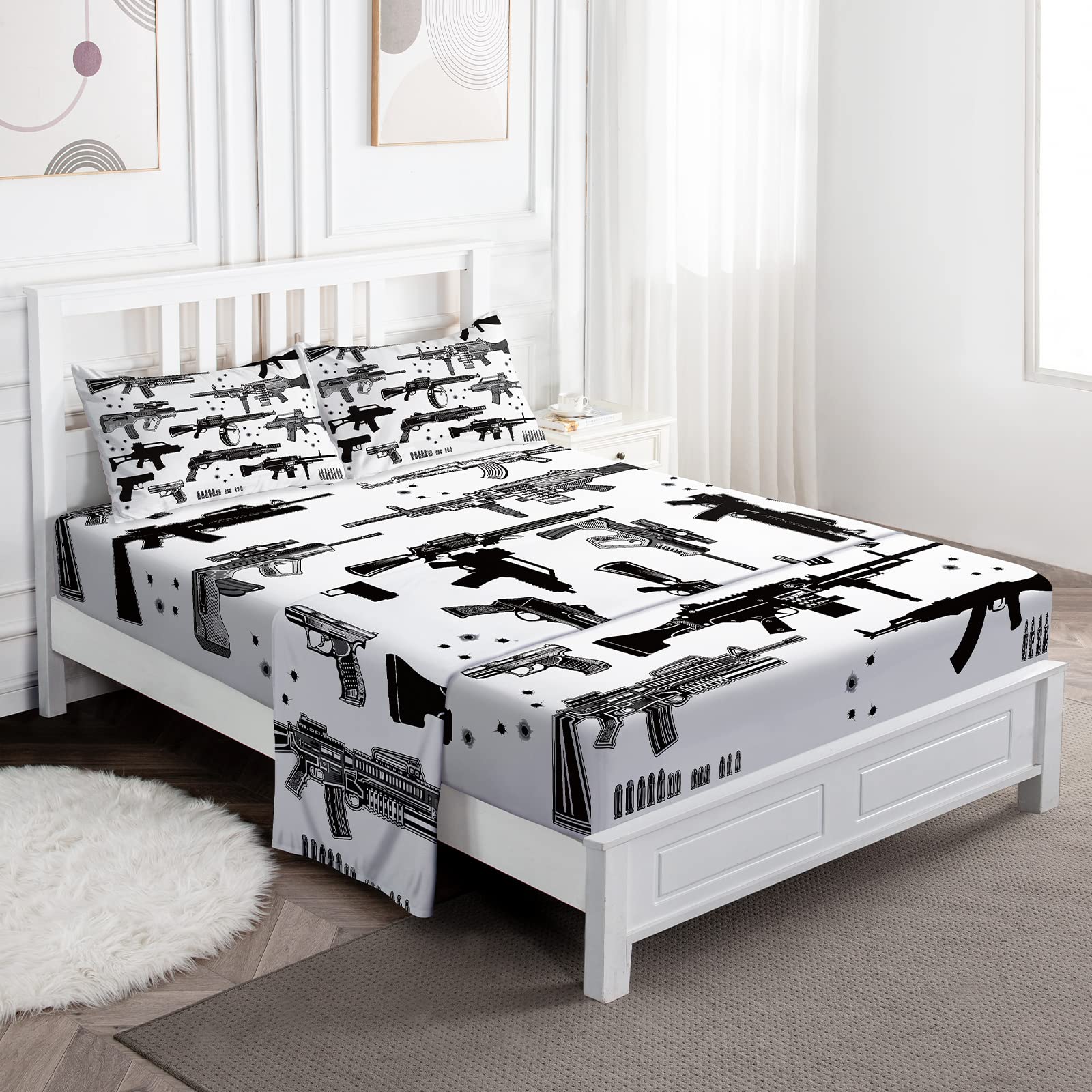 Jekeno Full Size Microfiber Bedding Set - Submachine Gun & Sniper Rifle Printed Design for Boys & Teens | Includes Fitted Sheet, Flat Sheet & Pillow Shams | Durable, Soft & Easy Care | Perfect for Kids Bedroom, Dorm Room & Gaming Room Decor