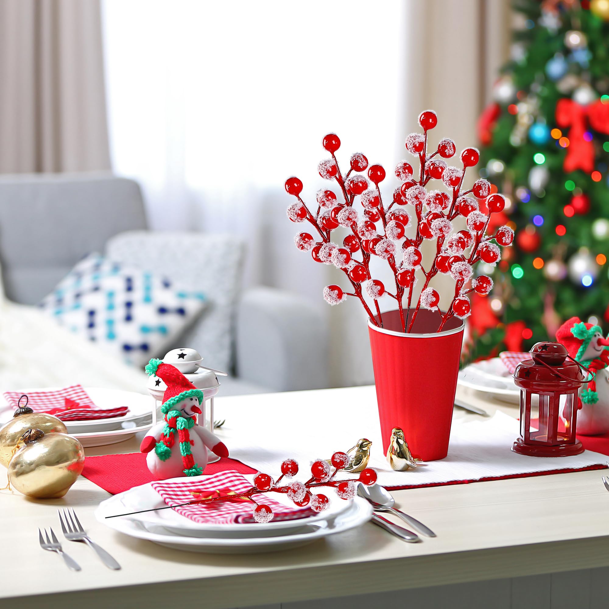 30 Pack Artificial Red Berry Stems with Snow Frost - 8.9 Inch Christmas Holly Berry Branches for Tree Decorations, DIY Crafts, Holiday Home Decor - Perfect for Christmas Wreaths, Centerpieces & Winter Wedding Decor (Red)