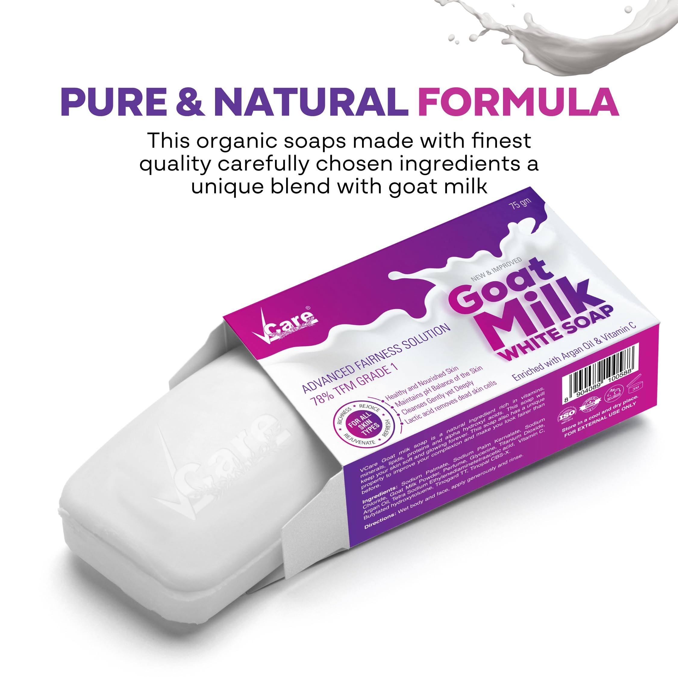 VCare Goat Milk Soap Bar with Vitamin C & Argan Oil - Deep Exfoliation & Hydration for Women & Men | Sulfate Free, Paraben Free, Natural Bath Soap - 75g (Pack of 5) | Gentle Cleansing for Dry, Sensitive Skin & Daily Face & Body Care