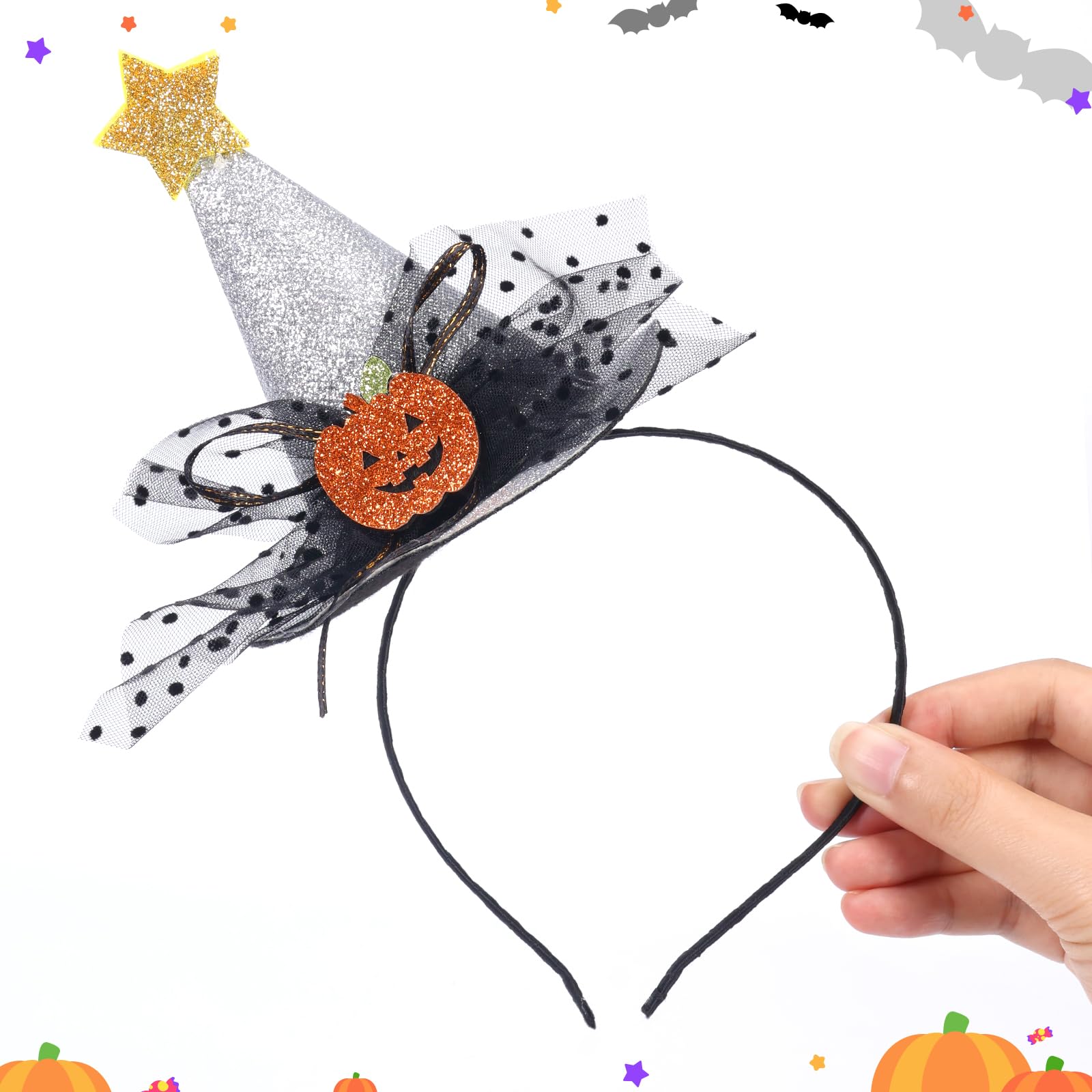 Halloween Pumpkin Glitter Witch Hat Headband for Women & Girls - Sparkly Hair Accessories & Party Headwear - Perfect for Costumes, Trick or Treat, and Halloween Festivities