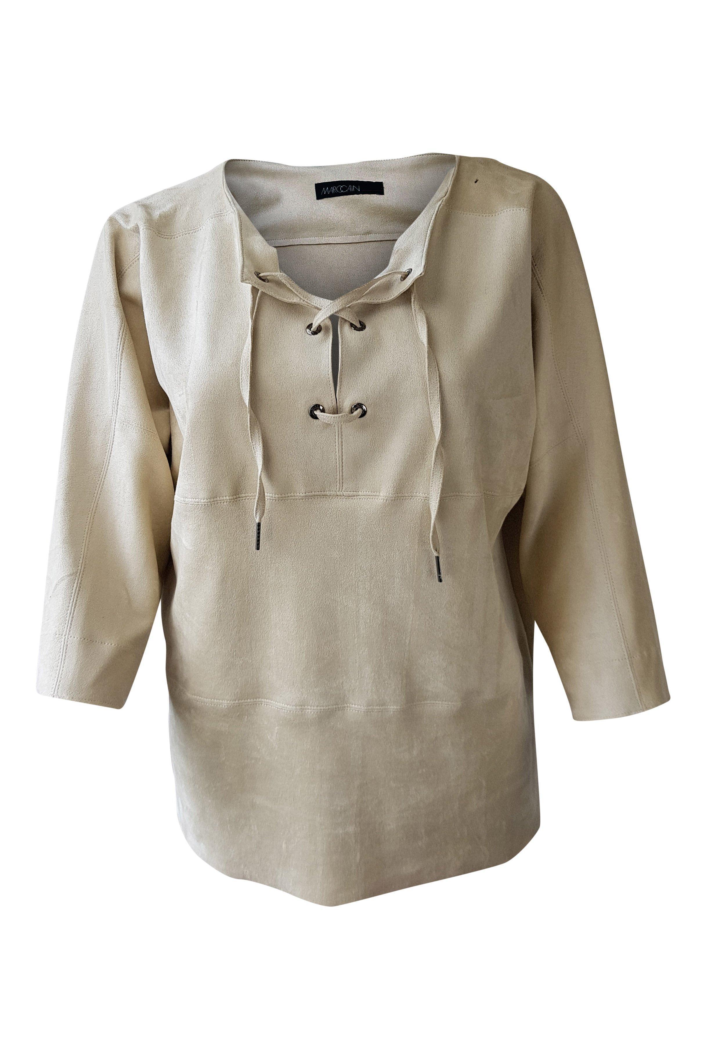 MARC CAIN Women's Cream Suede Patchwork Lace Front Blouse - Elegant Boho Chic Tops for Party, Date Night & Special Occasions