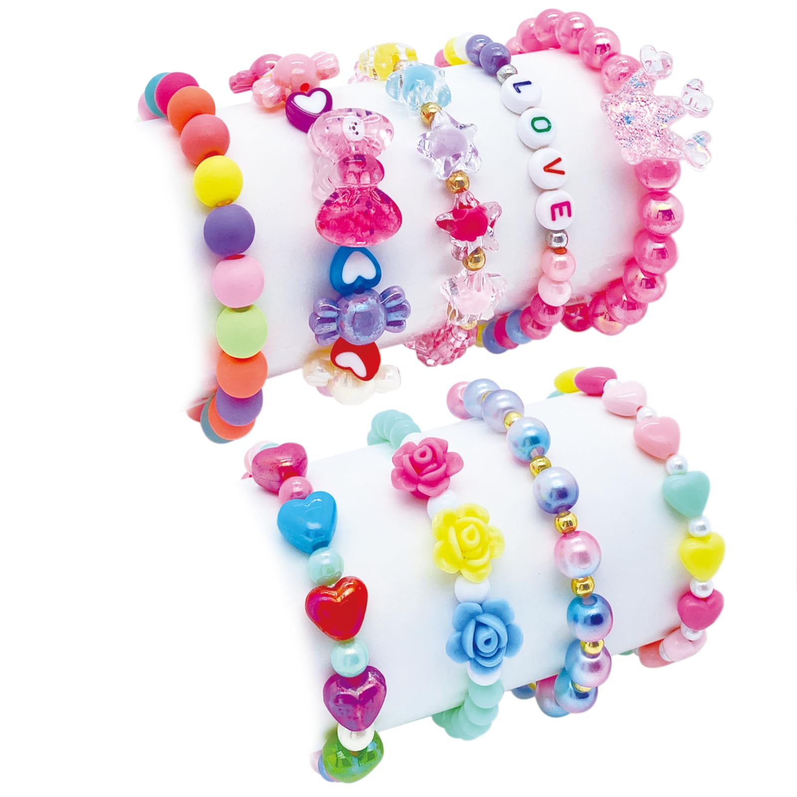 9 PCS Cute Kids Bracelets for Girls - Pink LOVE Beaded Bracelets, Toddler Jewelry Set for Birthday, Easter, Christmas & Valentines | Princess Party Favors, Pretend Play & Dress Up Accessories | Perfect for Gifts, Photo Props & Special Occasions