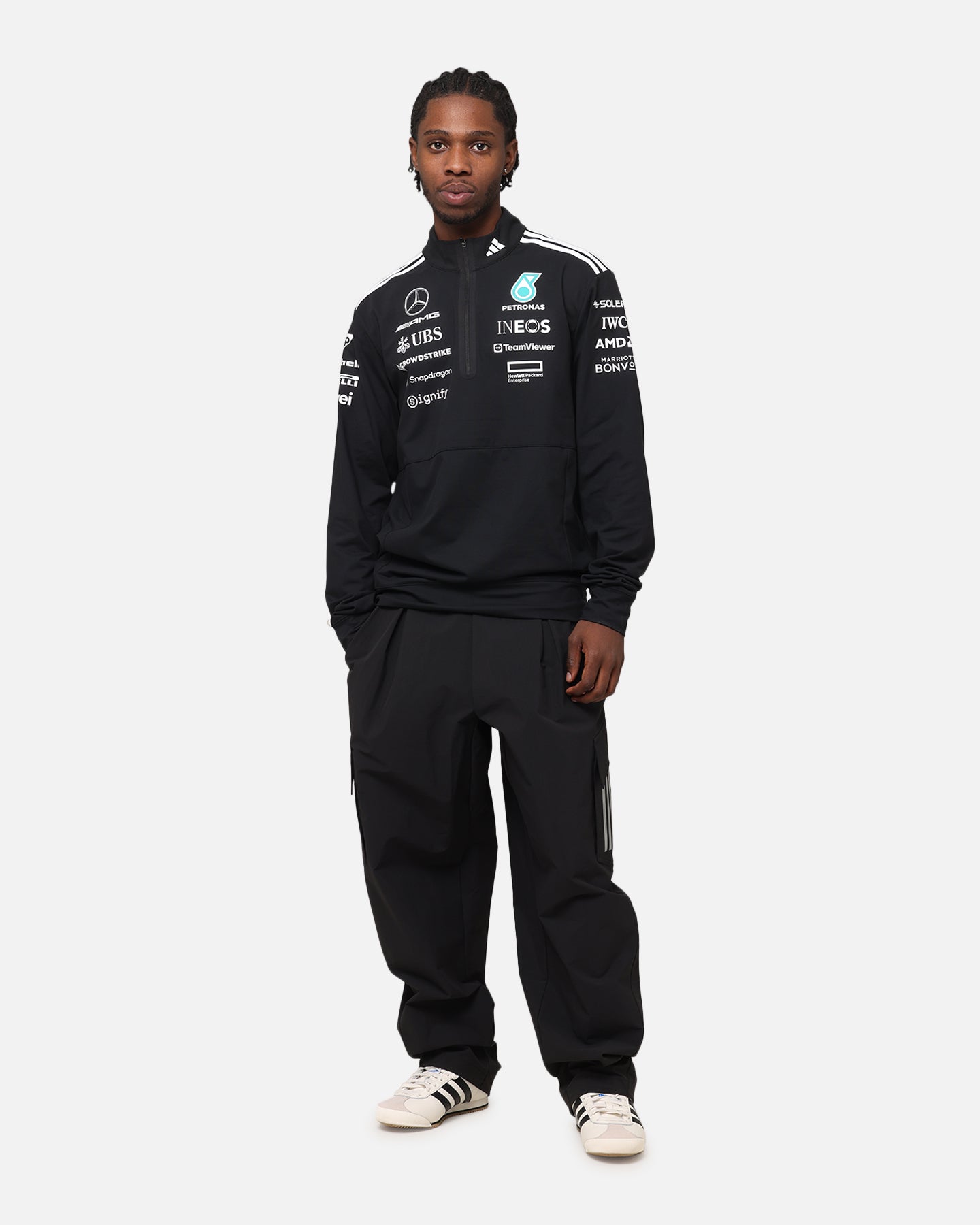 Adidas x Mercedes AMG Petronas F1 2025 Team Quarter Zip Jacket - Black/White - Men's Racing-Inspired Performance Jacket for Motorsport Fans & Streetwear Fashion