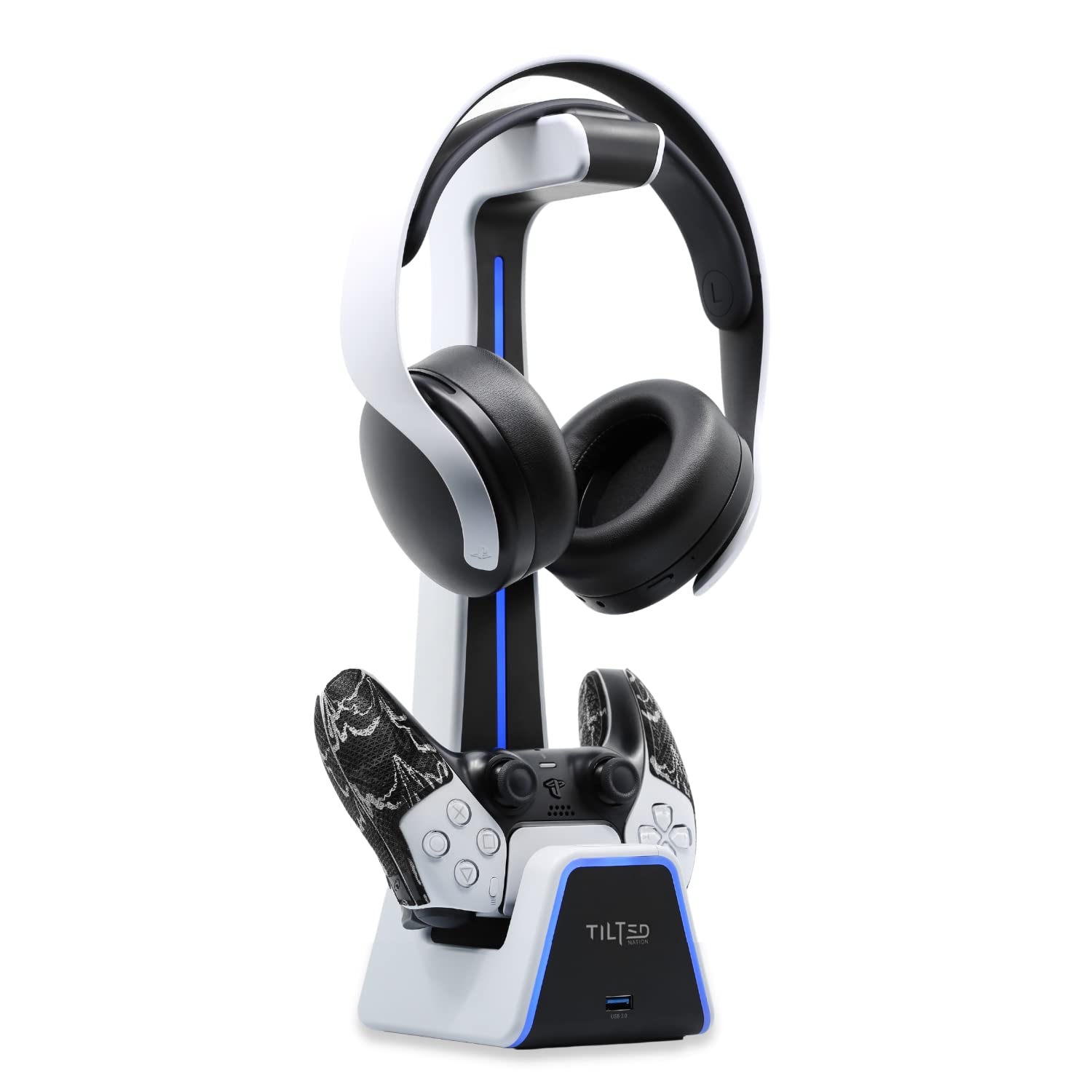 Tilted Nation RGB Gaming Headset & Controller Stand with Wireless Charging Station - Compatible with PS4, PS5, PC - Dual Charger for Headphones & Game Controllers - White Desk Organizer for Gaming Setup & Streaming Station