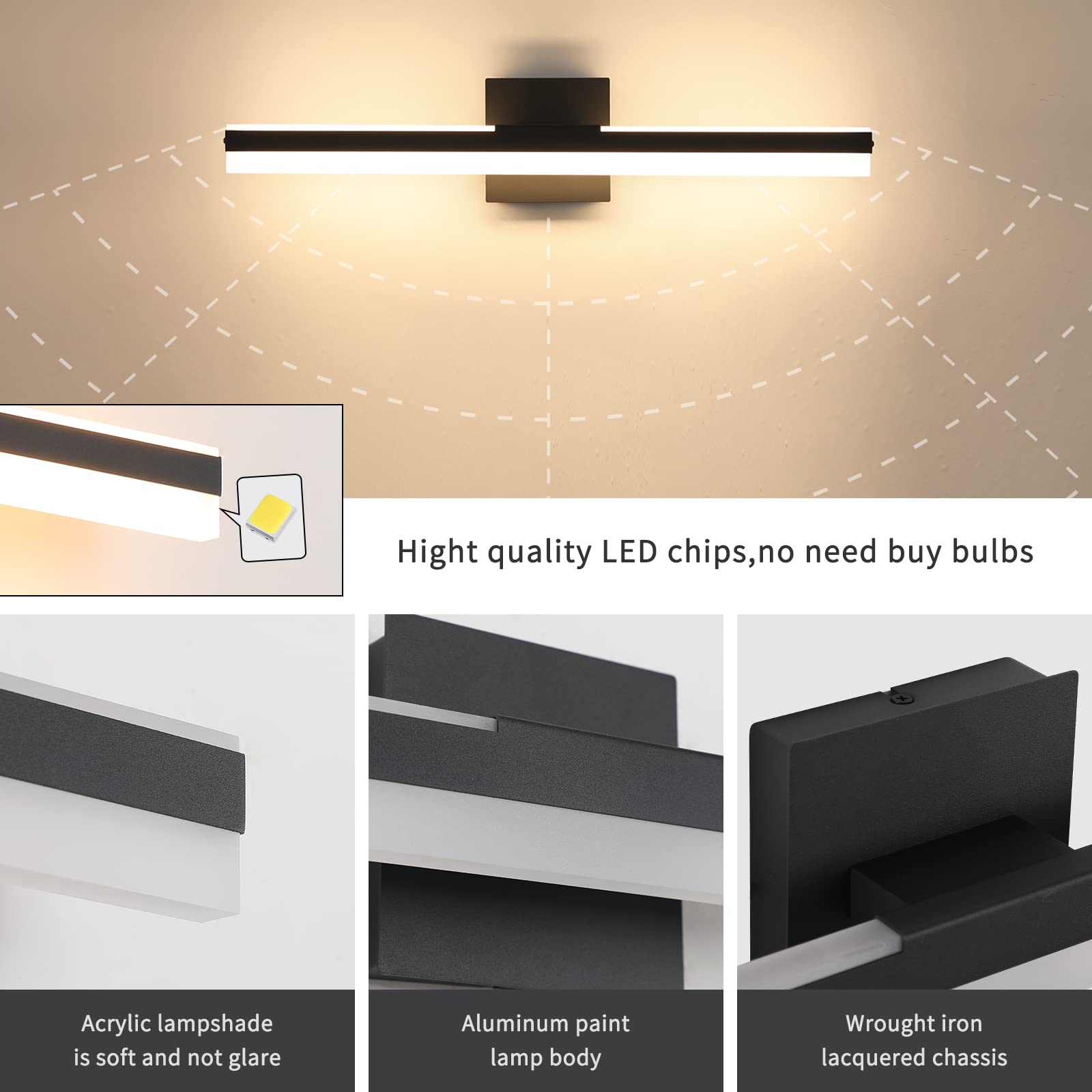 Joossnwell 23.62 Inch LED Vanity Mirror Light - 22W Modern Black Bathroom Light Fixture with 3000K Warm White Light - Perfect for Bathroom Makeup Vanity, Dressing Room & Over Mirror Lighting