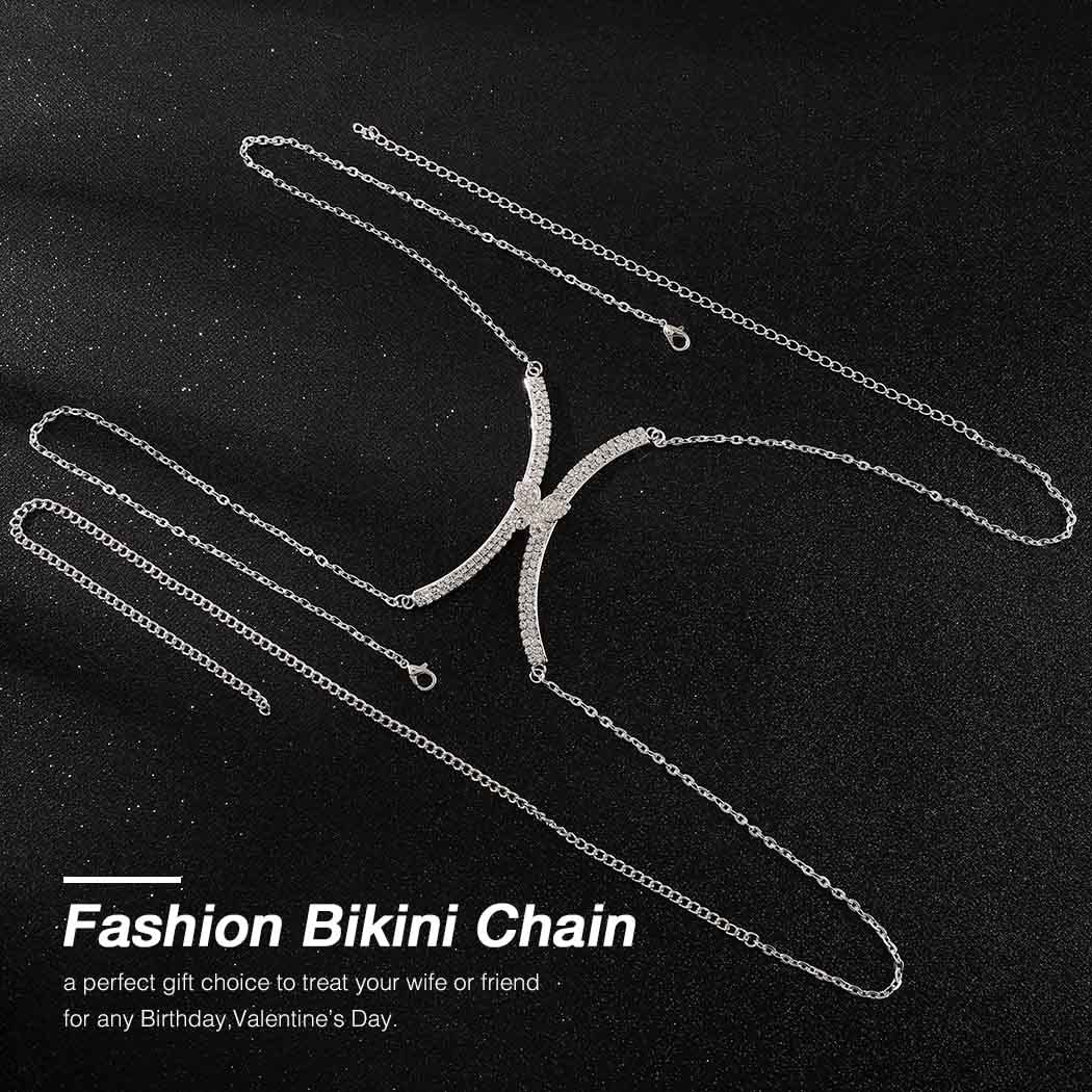 Sparkling Rhinestone Body Chains for Women - Silver Bikini Chest Jewelry, Crystal Bra Chain Accessories for Parties, Beach & Festivals | Perfect for Bachelorette, Music Festivals & Nightclub Outfits