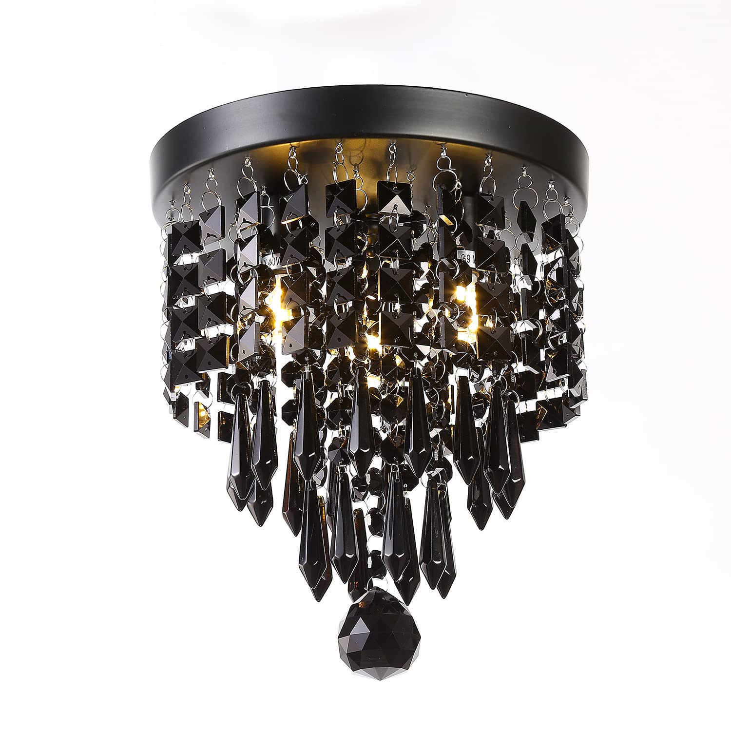 3-Light Mini Chandelier with Black Crystal - Modern Flush Mount Ceiling Light for Bedroom, Hallway, Living & Dining Room - Perfect for Home Decor, Wedding Venues and Luxury Spaces