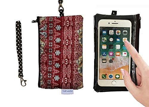 Tainada 2-in-1 Phone Wristlet Purse with Clear View Window & Detachable Neck Strap - Compatible with iPhone 14/13 Pro Max, 14 Plus & Samsung S22+/A53 (Ethnic Red) - Perfect for Hands-Free Shopping, Travel & Everyday Use
