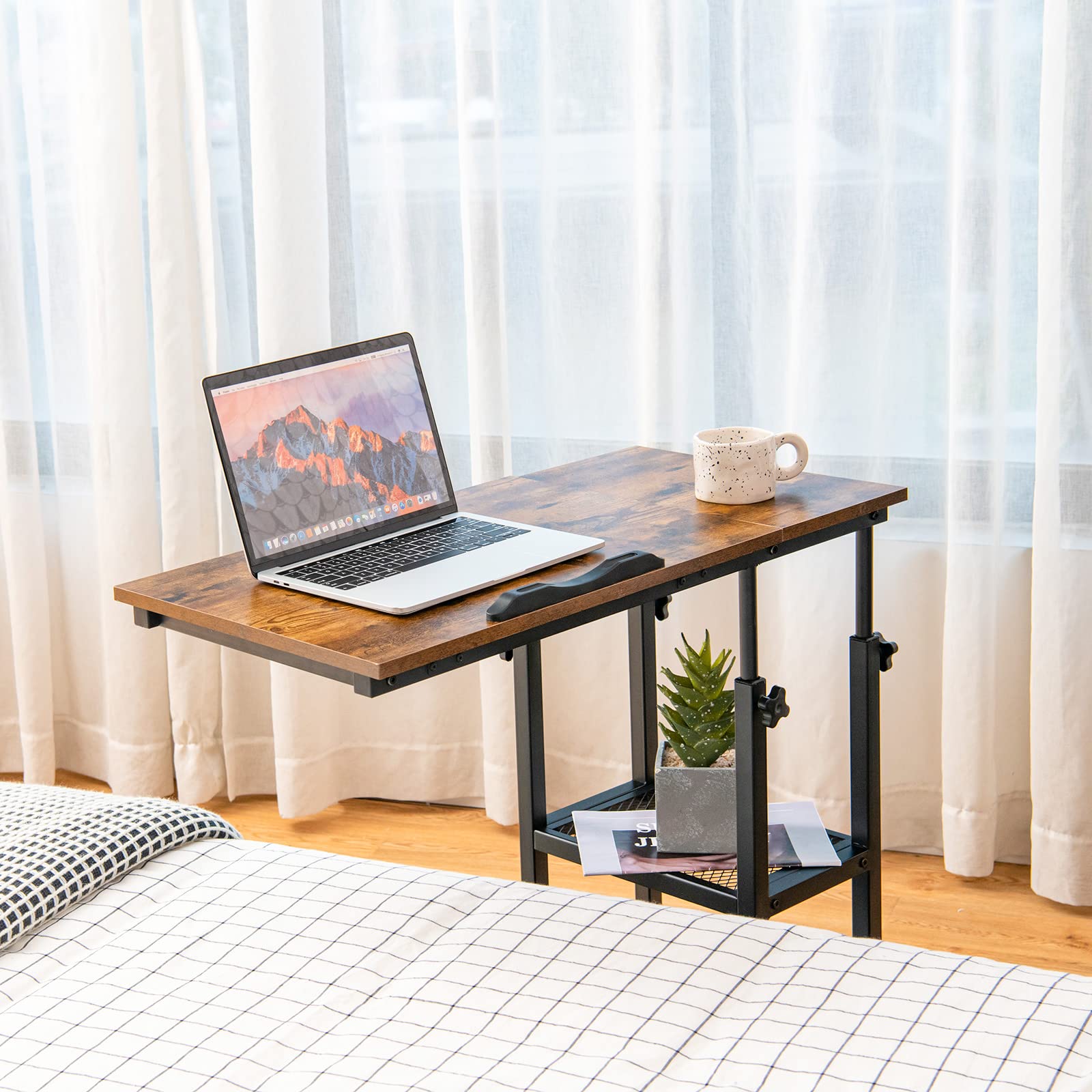 Tangkula Adjustable Height C-Shaped End Table with Lockable Wheels - Mobile Sofa Desk, Tiltable Tabletop, Storage Shelves - Perfect for Living Room, Bedroom, Home Office & Snack Table Use