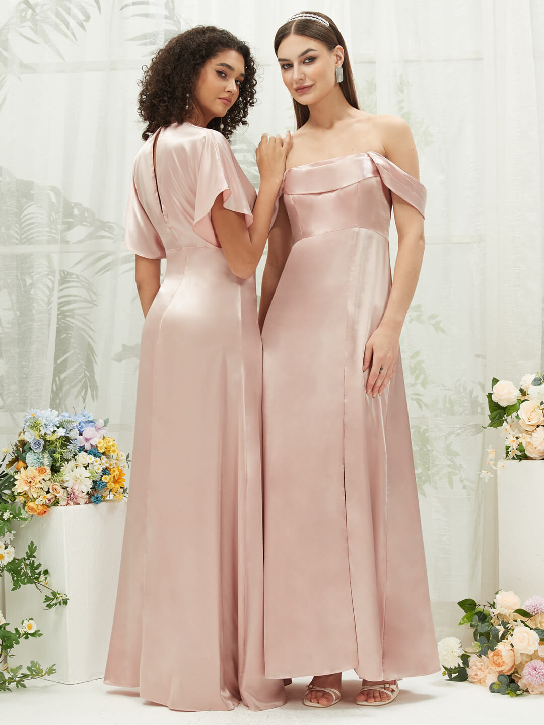 Elegant Blush Satin Convertible Bridesmaid Dress with High Slit & Floor Length - Perfect for Weddings, Prom, Formal Events & Special Occasions