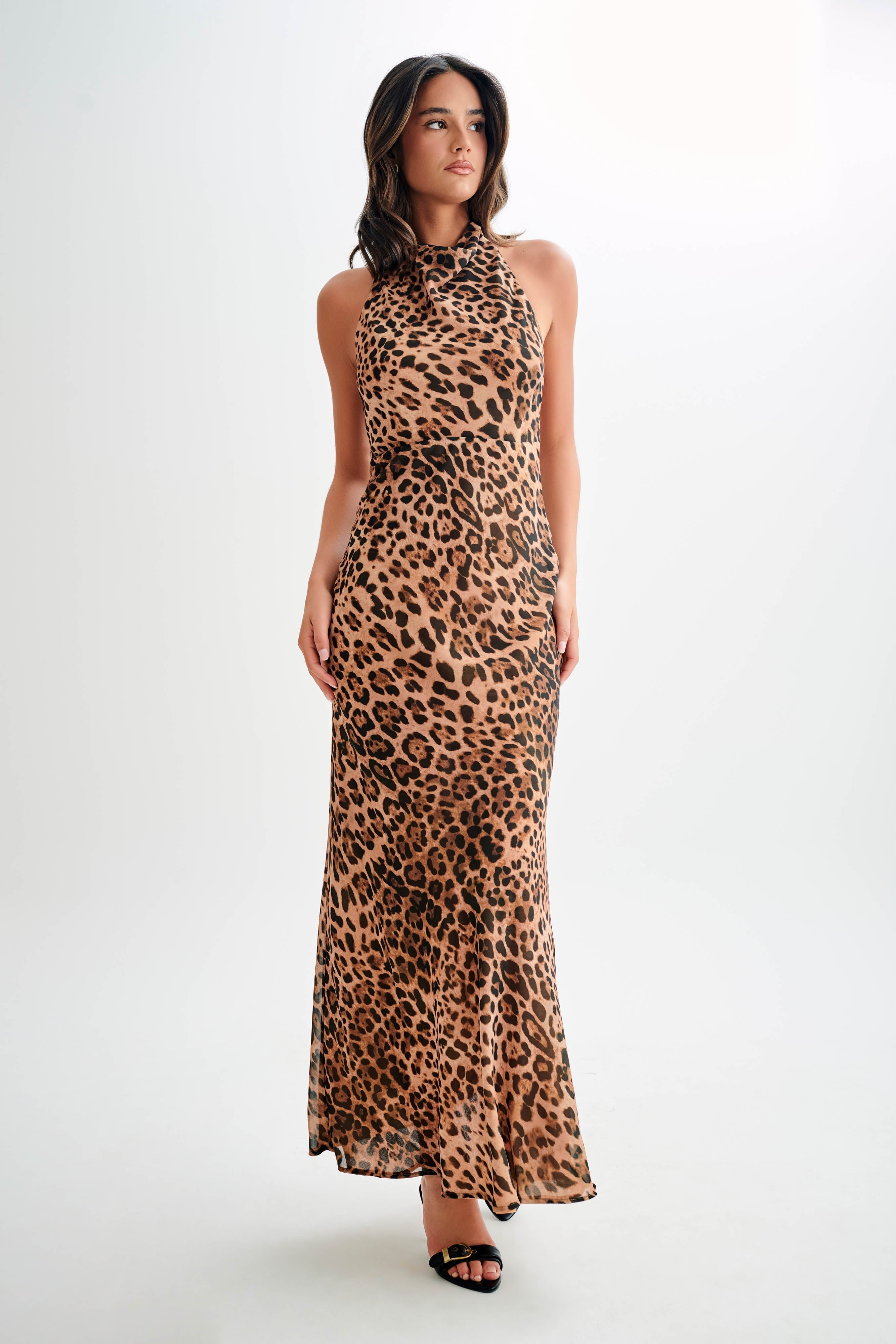 Estella Chiffon Cowl Maxi Dress - Leopard Print Flowy Long Dress for Women | Perfect for Beach Vacation, Evening Party & Special Occasions