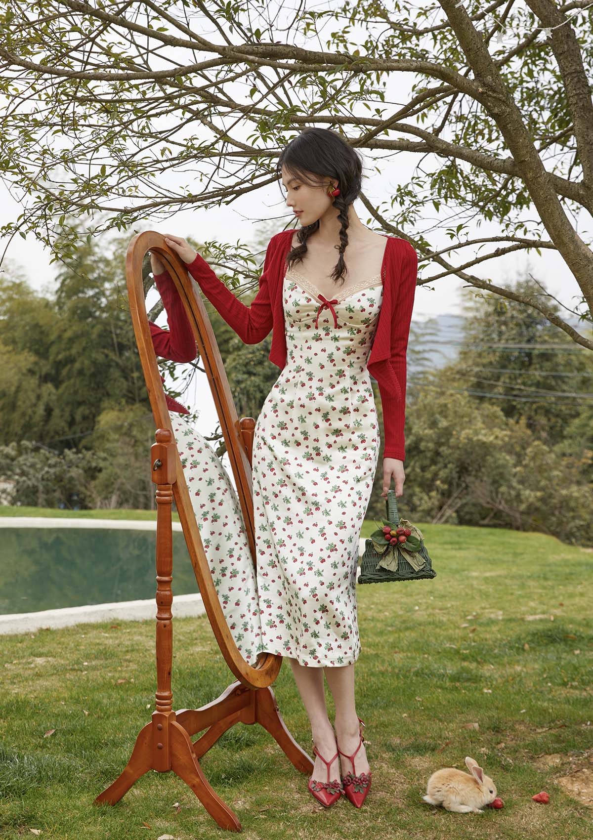 Strawberry Print Summer Dress for Women - Floral Farmhouse Style Sundress for Picnic, Garden Party & Outdoor Activities
