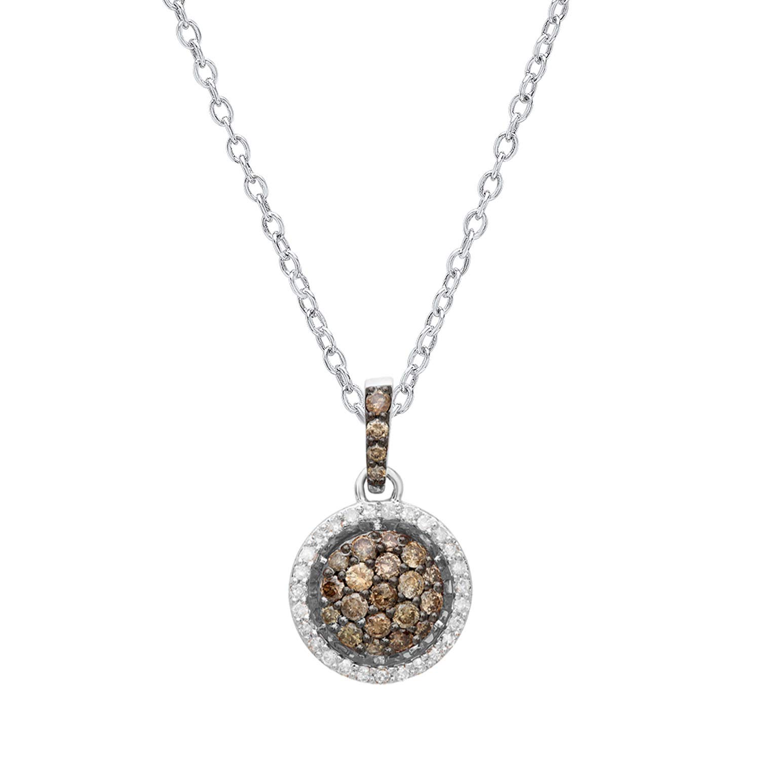 14K Solid White Gold 0.80 Cttw Round Champagne & White Diamond Circle Pendant Necklace for Women | Elegant Jewelry Gift for Anniversary, Birthday & Special Occasions