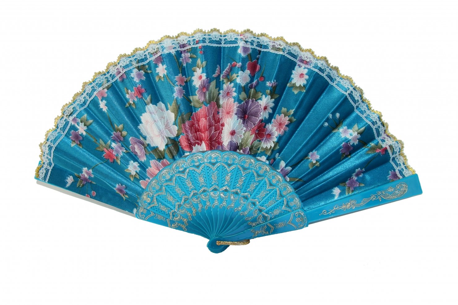 Blue Feng Shui Import Silk Hand Fan with Golden Lace - Elegant Home Decor & Wedding Gift for Chinese Culture Lovers