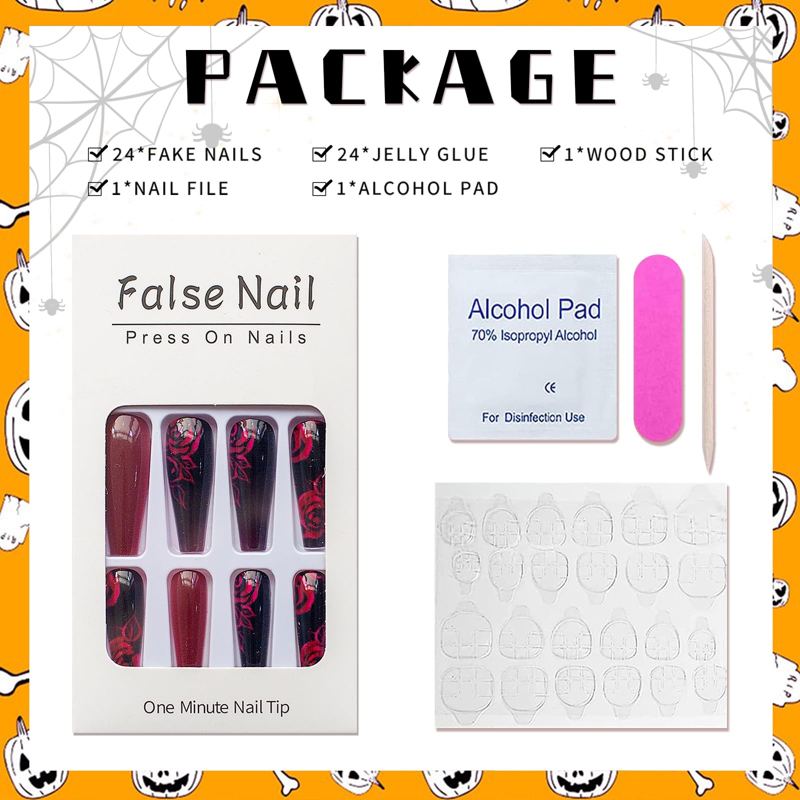 24Pcs Black Press on Nails Long Coffin Fake Nails - Wine Red Rose Flower Design Acrylic Glossy False Nails for Women | Full Cover Glue on Artificial Nails for Autumn Winter | Perfect for Parties, Weddings & Special Occasions