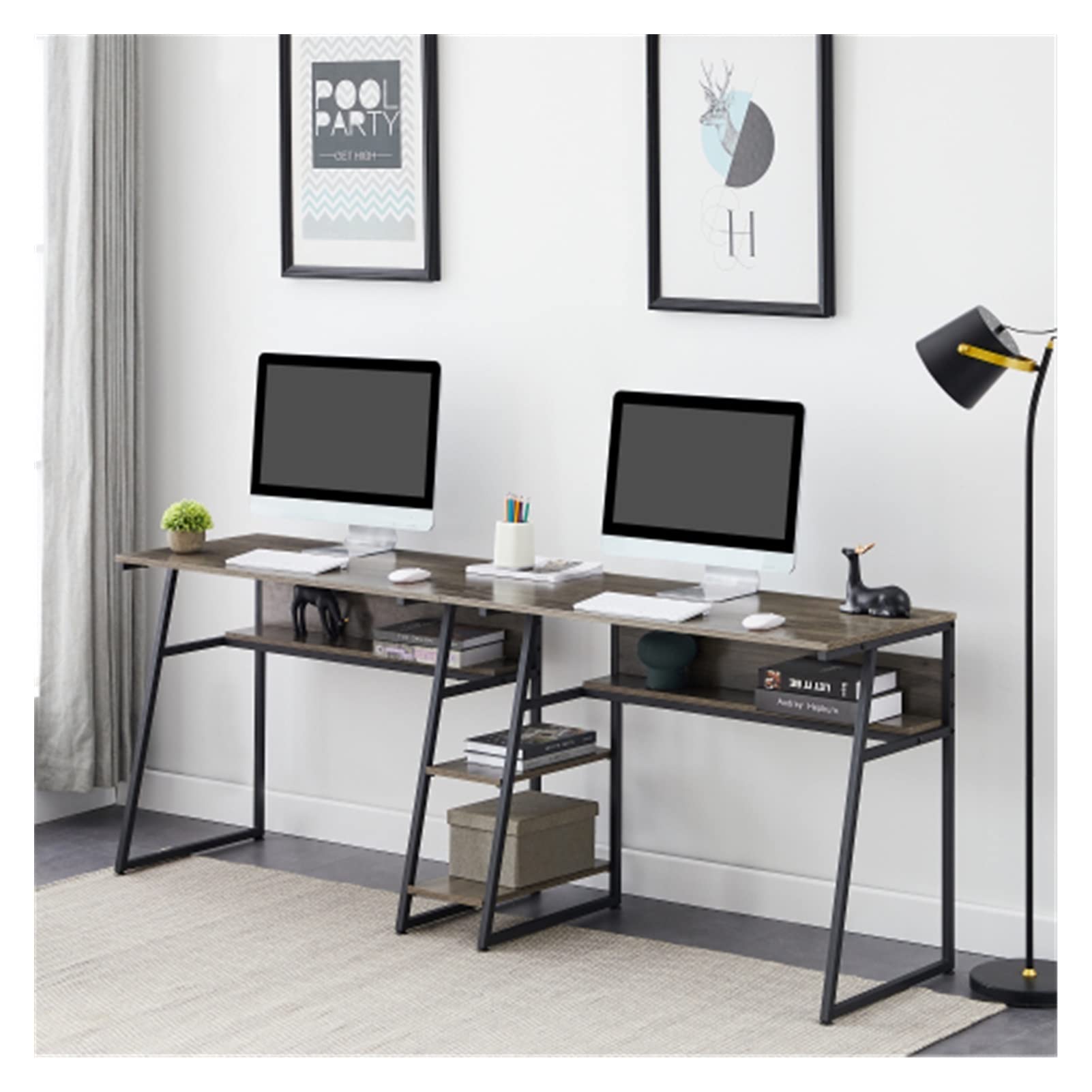 WEPL Large Office Desk - Rustic Two Person Desk with Open Bookshelf & Storage Shelf | Double Workstation for Home Office | Perfect for Shared Workspaces & Remote Work