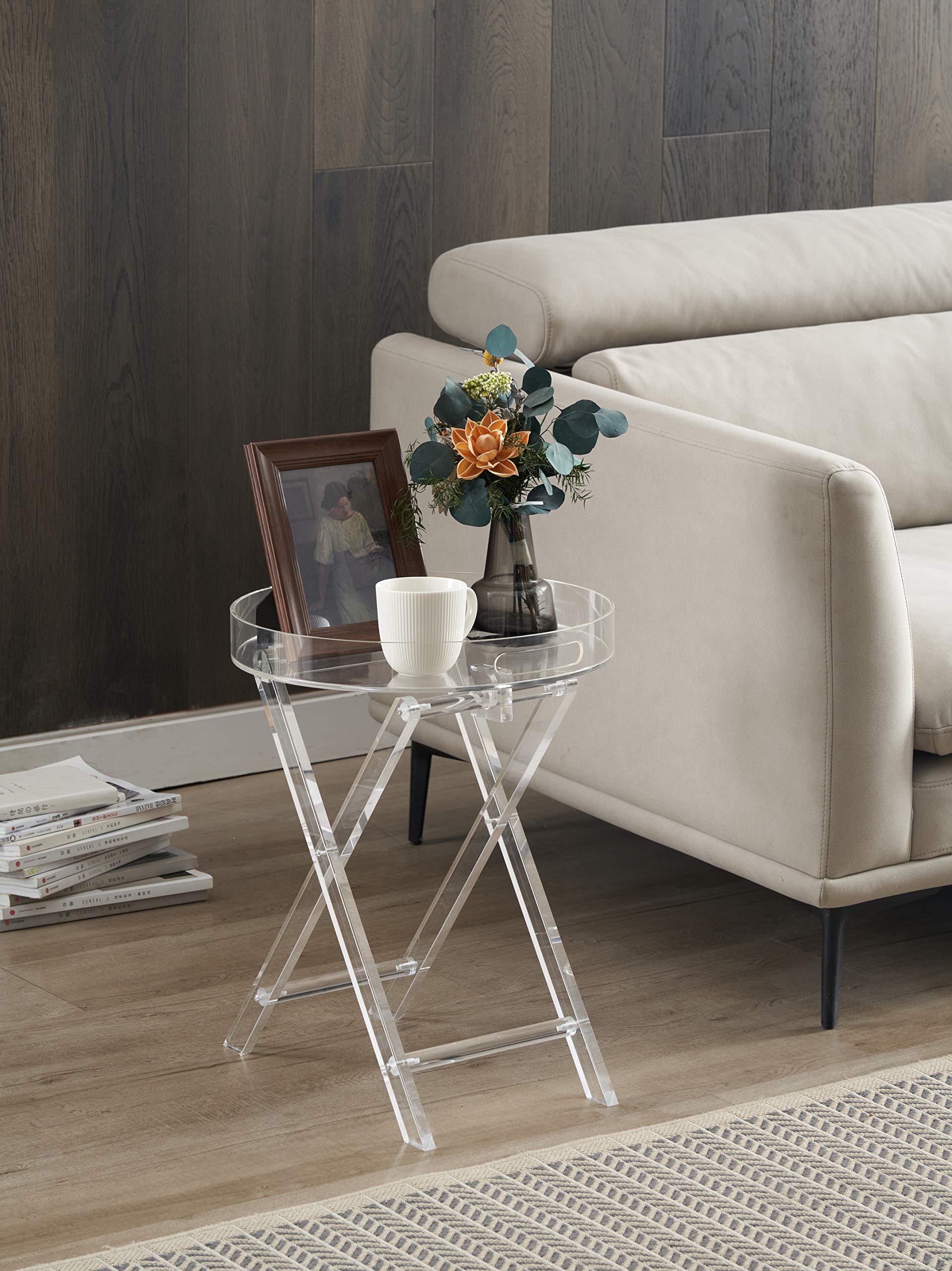 Clear Acrylic Small Folding Table - 16x16 Inch Round Tray Drink Table with 20 Inch Height | Portable Side Table for Office, Living Room & Bedroom | Perfect for Coffee, Snacks, Books & Nightstand Use