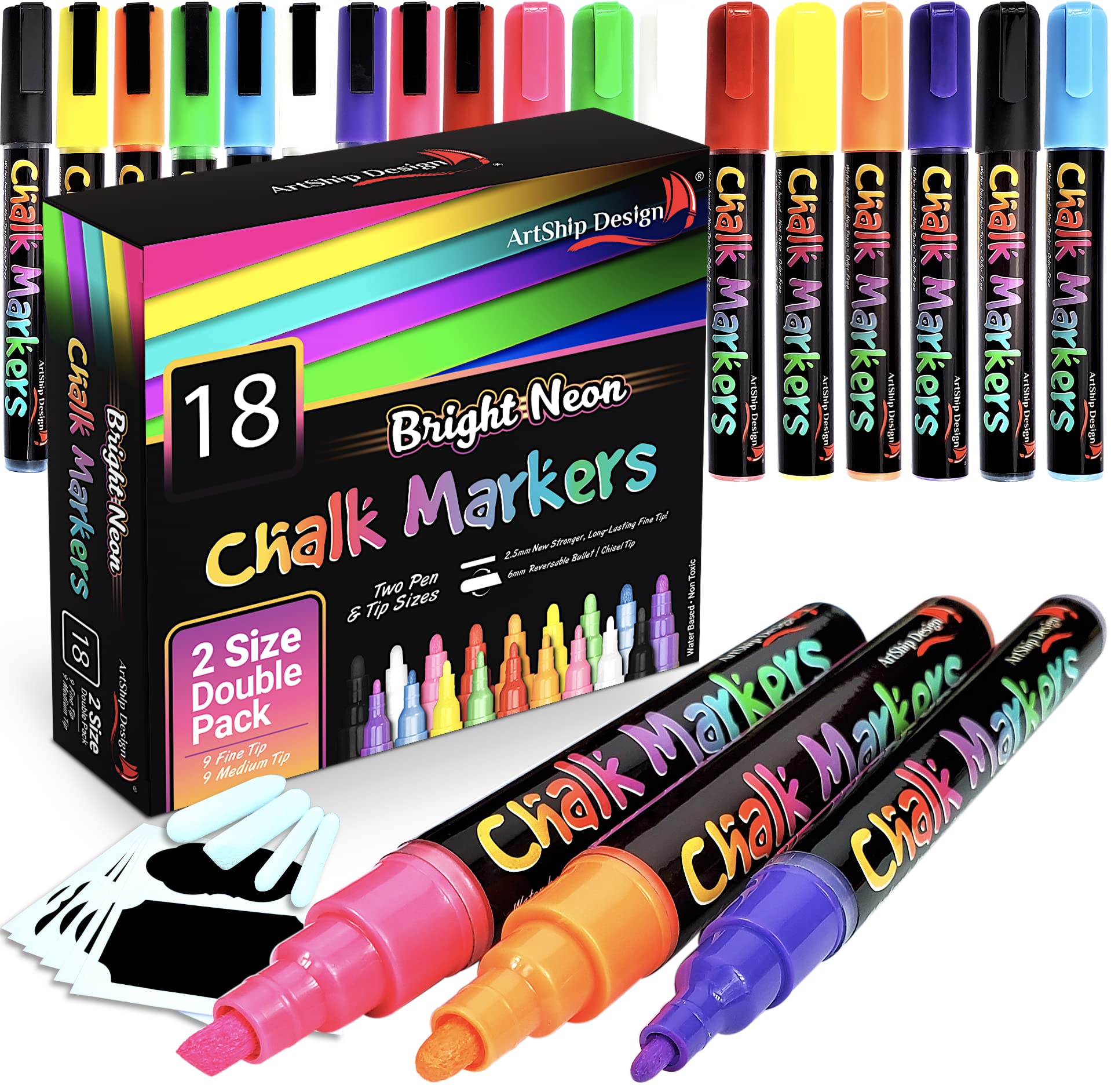 18 Neon Chalk Markers - Double Pack Fine & Medium Tip Liquid Chalk Pens - Wet Erasable for Whiteboards, Glass, Windows, Mirrors - Perfect for Menu Boards, Classrooms, Restaurants & DIY Projects